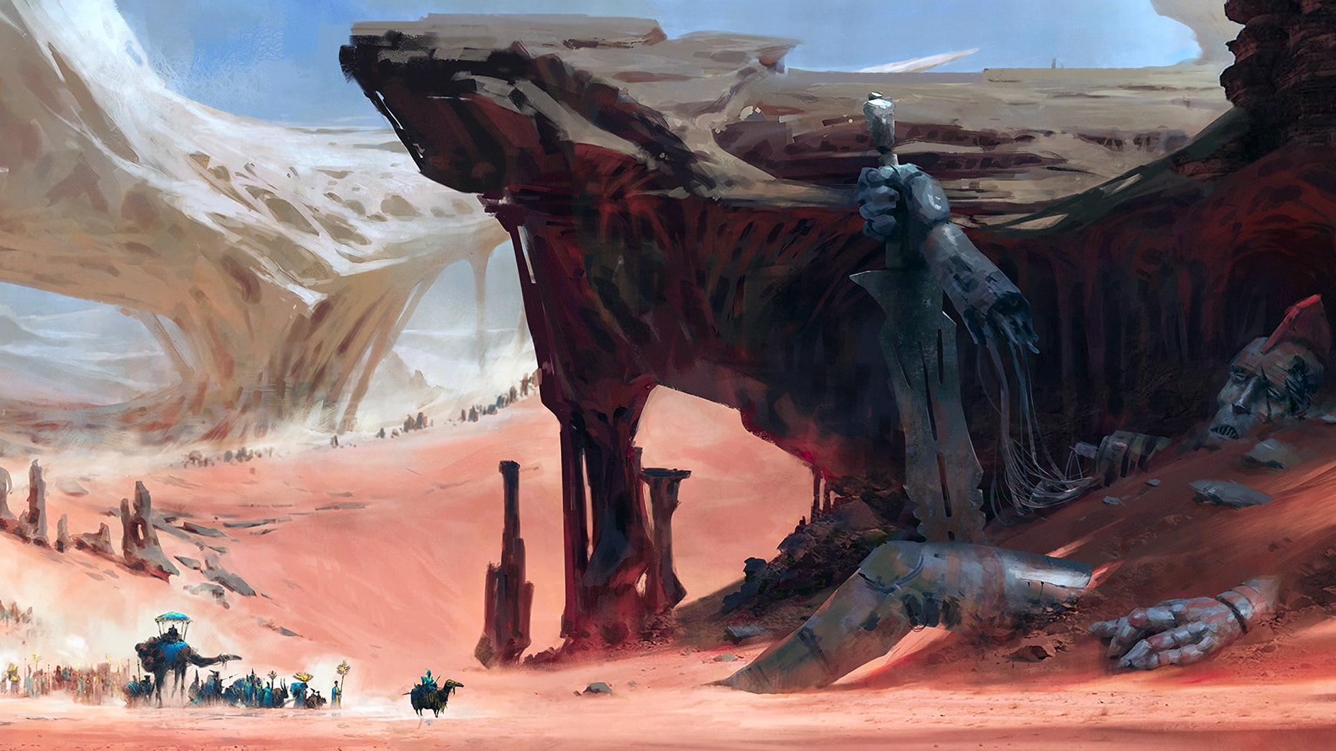 sand, giant, people, artwork, 1080P, wreckage, rock formations, Robot, sword, caravan, rocks, fantasy, camels, desert, fantasy art, digital art, HD Wallpaper