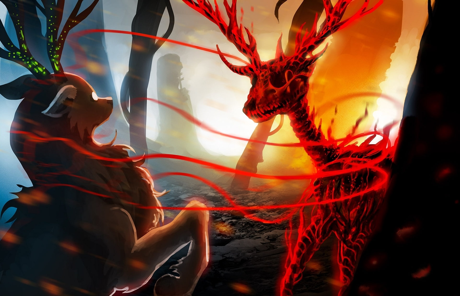 romantically apocalyptic, romance of the Apocalypse, art, radiation, 1080P, deer, animal, alexiuss, skeleton, HD Wallpaper