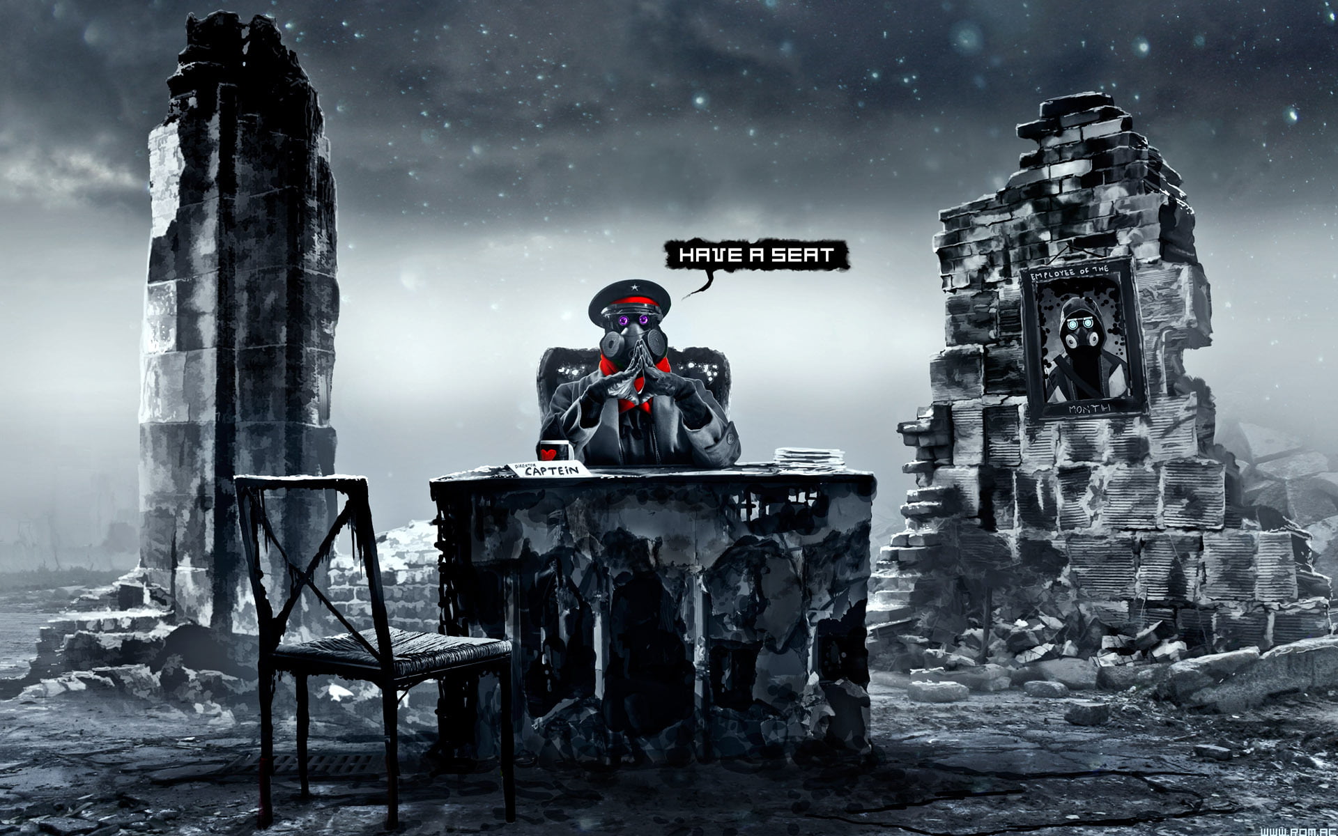 statue, water, fear, men, famous Place, gas mask, sitting, land, captain, architecture, winter, 1080P, portrait, horror, building, storm, night, HD Wallpaper