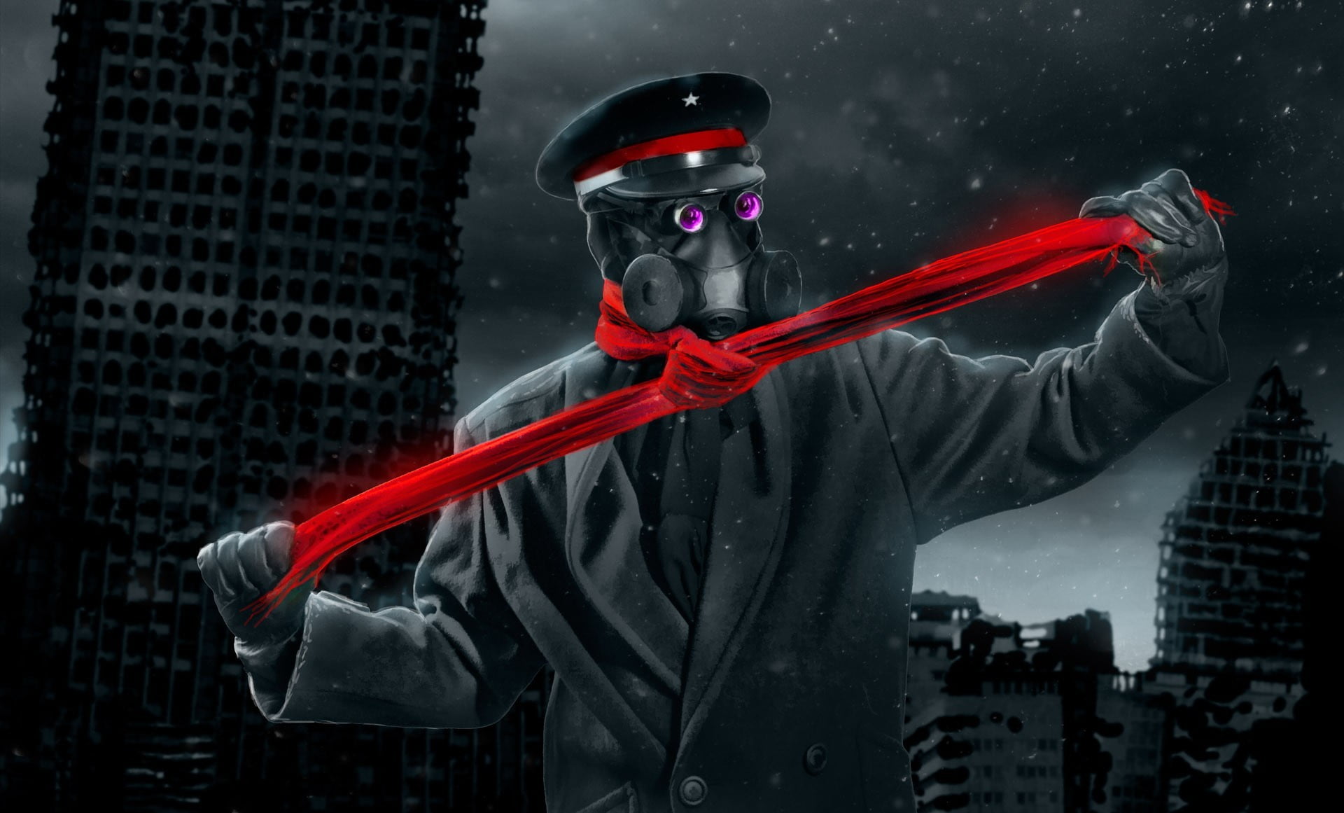 one person, motion, black, scarf, gas, city, front view, mak, red, building exterior, protection, romance of the Apocalypse, waist up, alexiuss, 1080P, HD Wallpaper