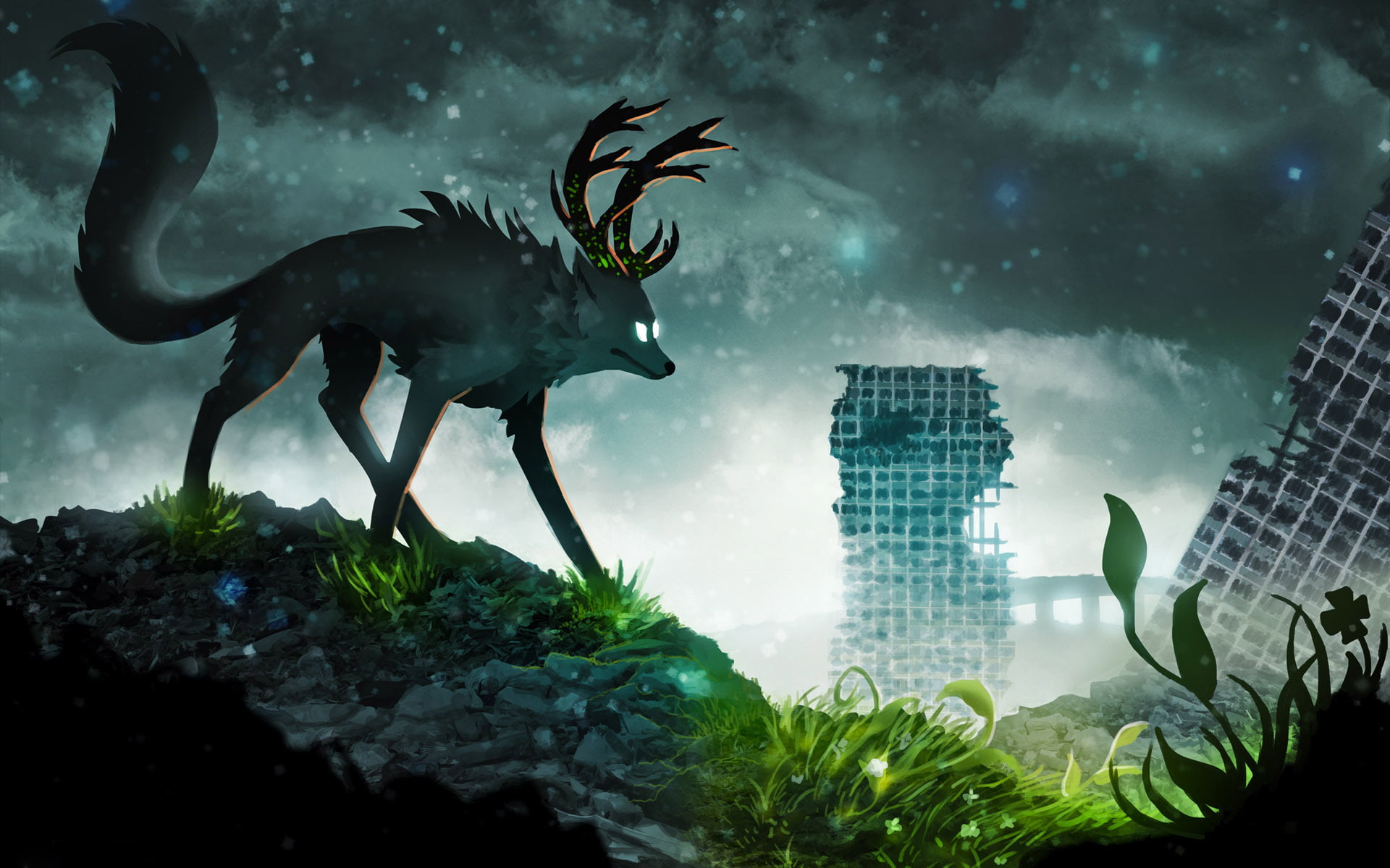 animal representation, grass, built structure, city, romantically apocalyptic, art, the sky, clouds, representation, animal wildlife, romance of the Apocalypse, HD Wallpaper