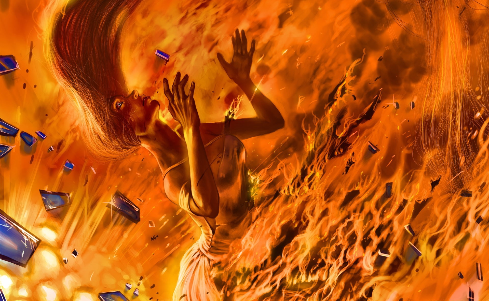 alexiuss, art, fire, fragments, girl, romantically apocalyptic, 1080P, romance of the Apocalypse, HD Wallpaper