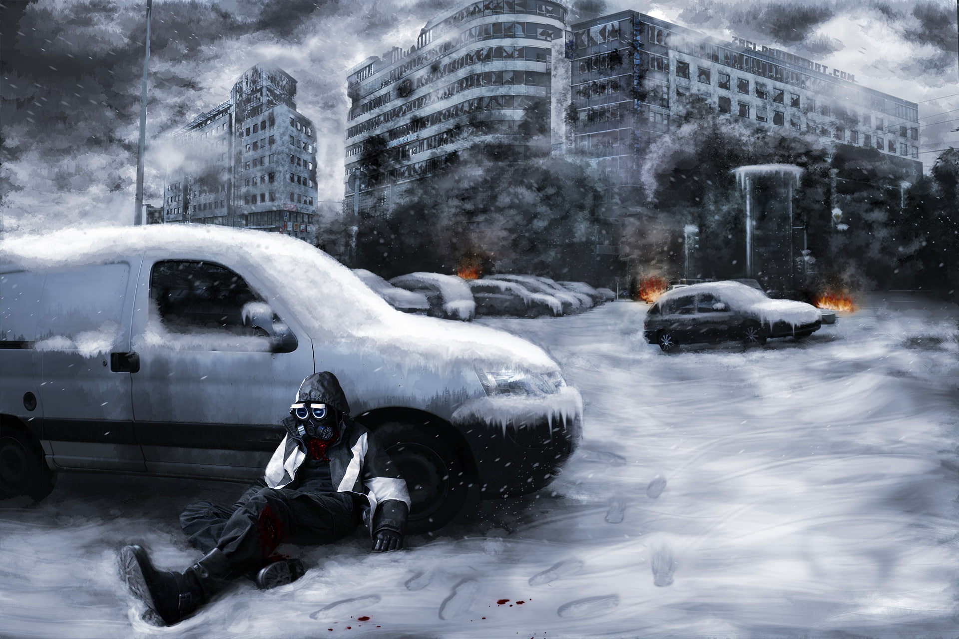 smoke, Romantically apocalyptic, ruins, snow, the city, fire, 1080P, machine, Snippy, Romance of the Apocalypse, HD Wallpaper