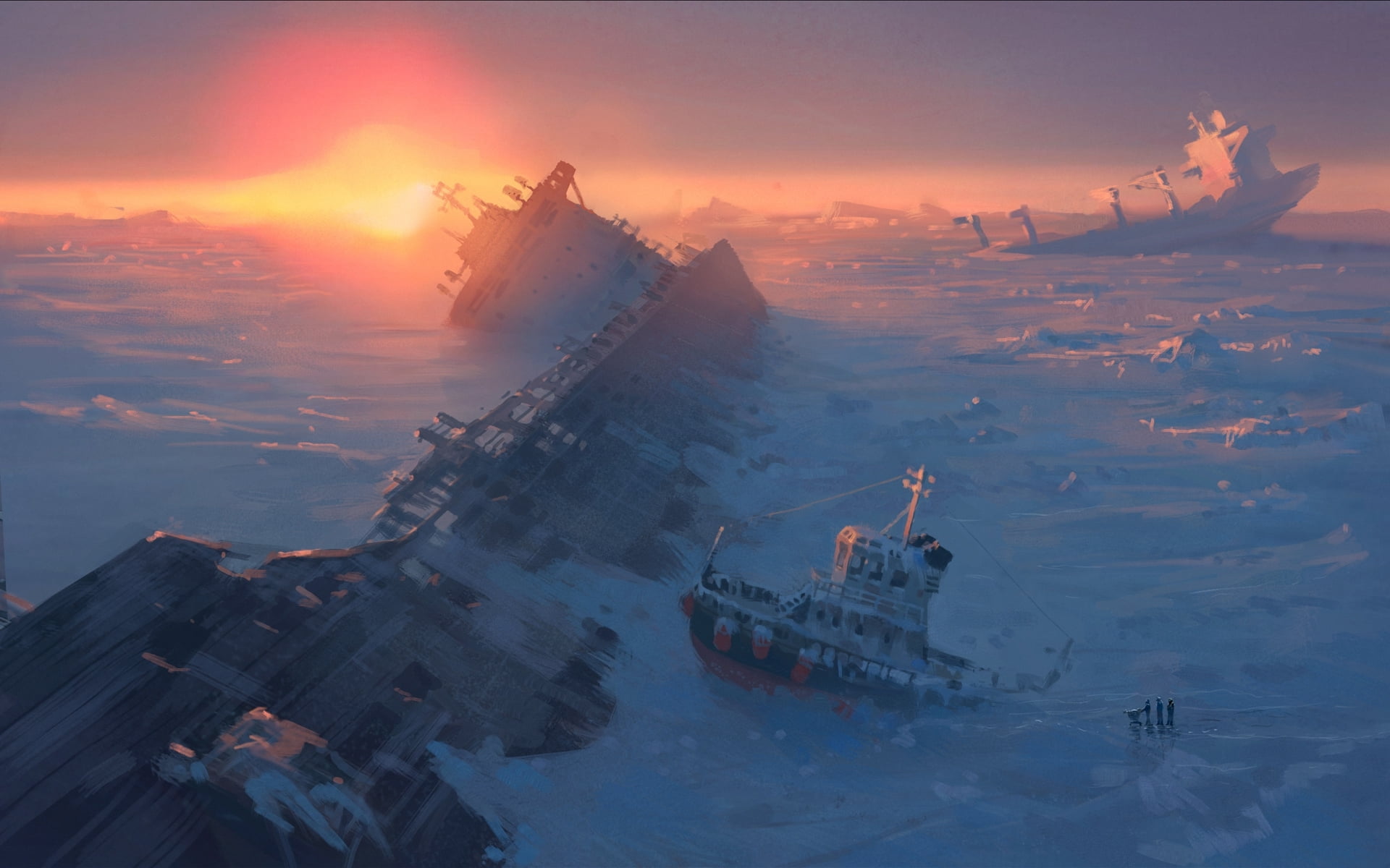 ship, fiction, sea, art, snow, ice, alexiuss, 1080P, frozen, apocalypse, the ocean, HD Wallpaper