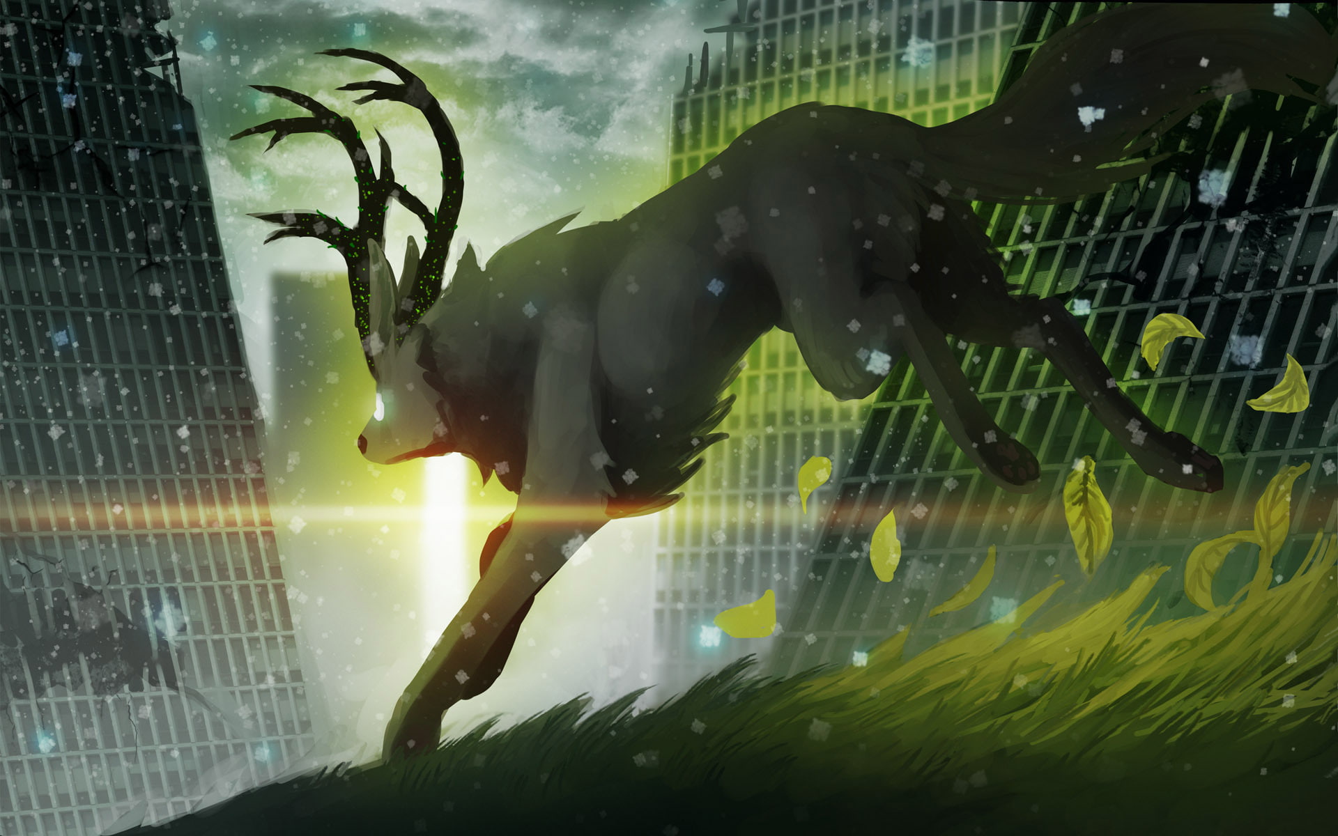 romance of the Apocalypse, alexiuss, snow, grass, horns, animal, ruins, romantically apocalyptic, sunlight, leaves, building, art, 1080P, HD Wallpaper