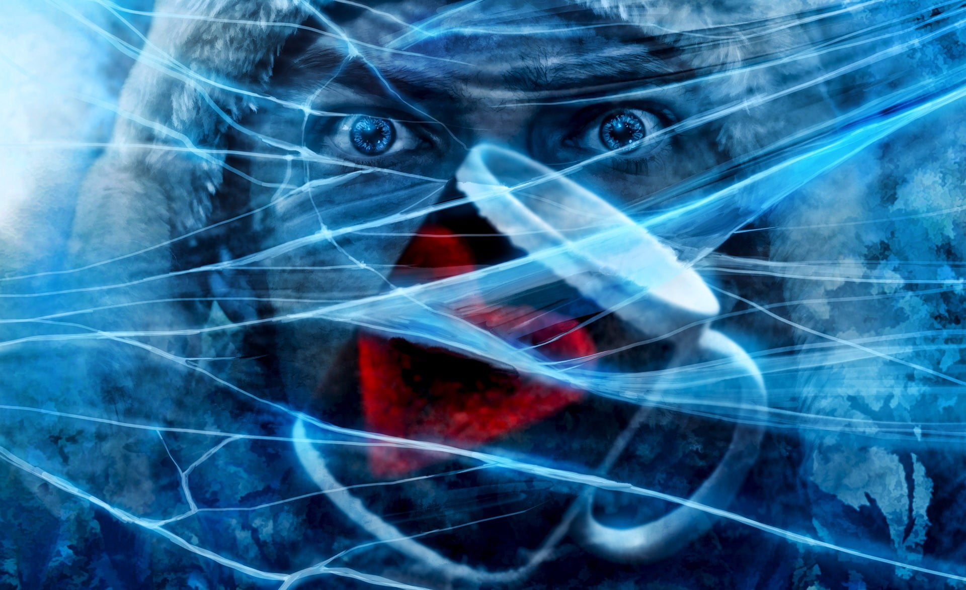 romance of the Apocalypse, one person, art, blue, headshot, looking, alexiuss, ice, digital composite, cold, cracked, black background, young adult, multiple exposure, HD Wallpaper