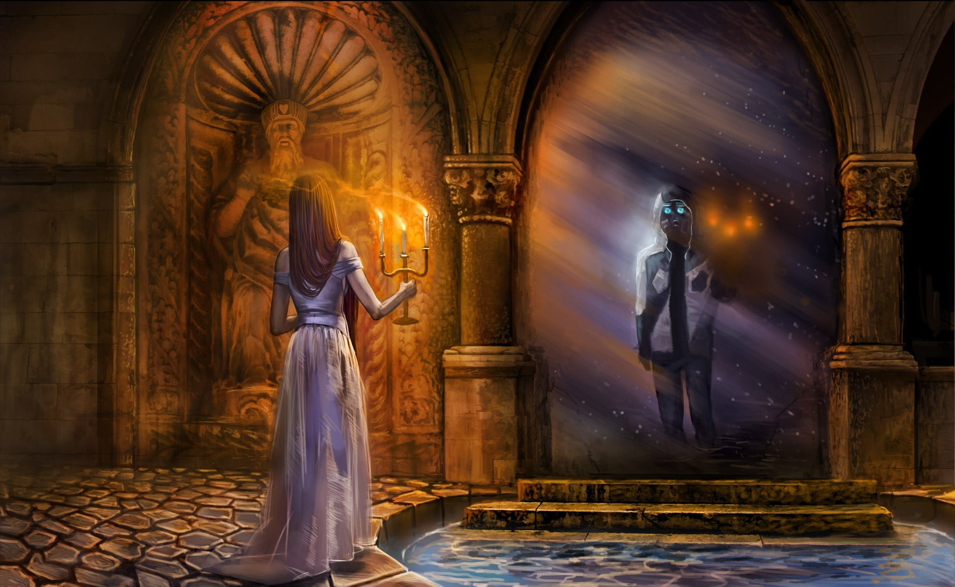 creativity, illustration, place of worship, adult, 1080P, back, gas mask, built structure, water, candles, art and craft, building, statue, holding, mirror, HD Wallpaper
