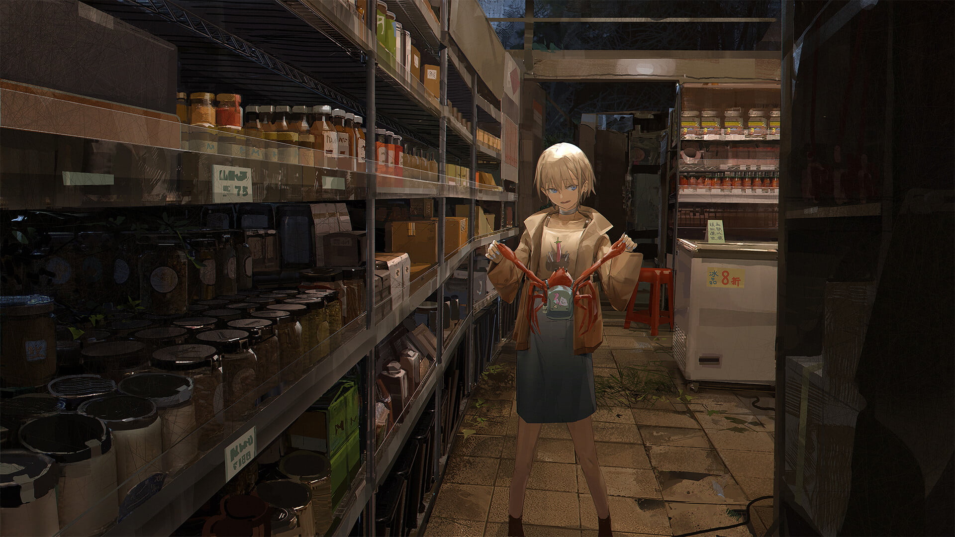 digital art, stores, food, backpacks, PainDude _, anime girls, crabs, 1080P, jars, HD Wallpaper