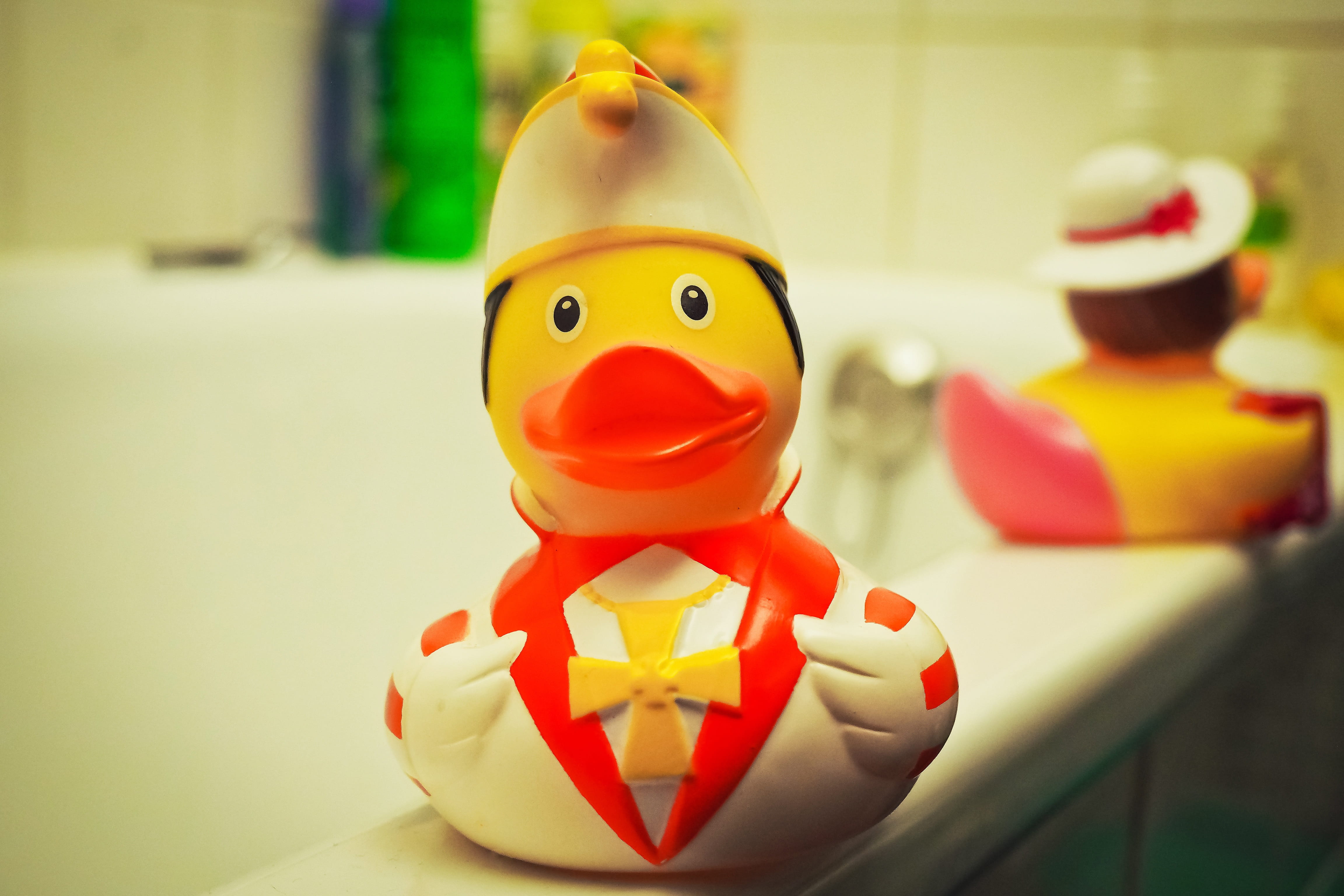 human representation, close-up, creativity, fun, bathroom, rubber, craft, bath, swimmer, toys, representation, toy duck, celebration, red, yellow, cute, HD Wallpaper