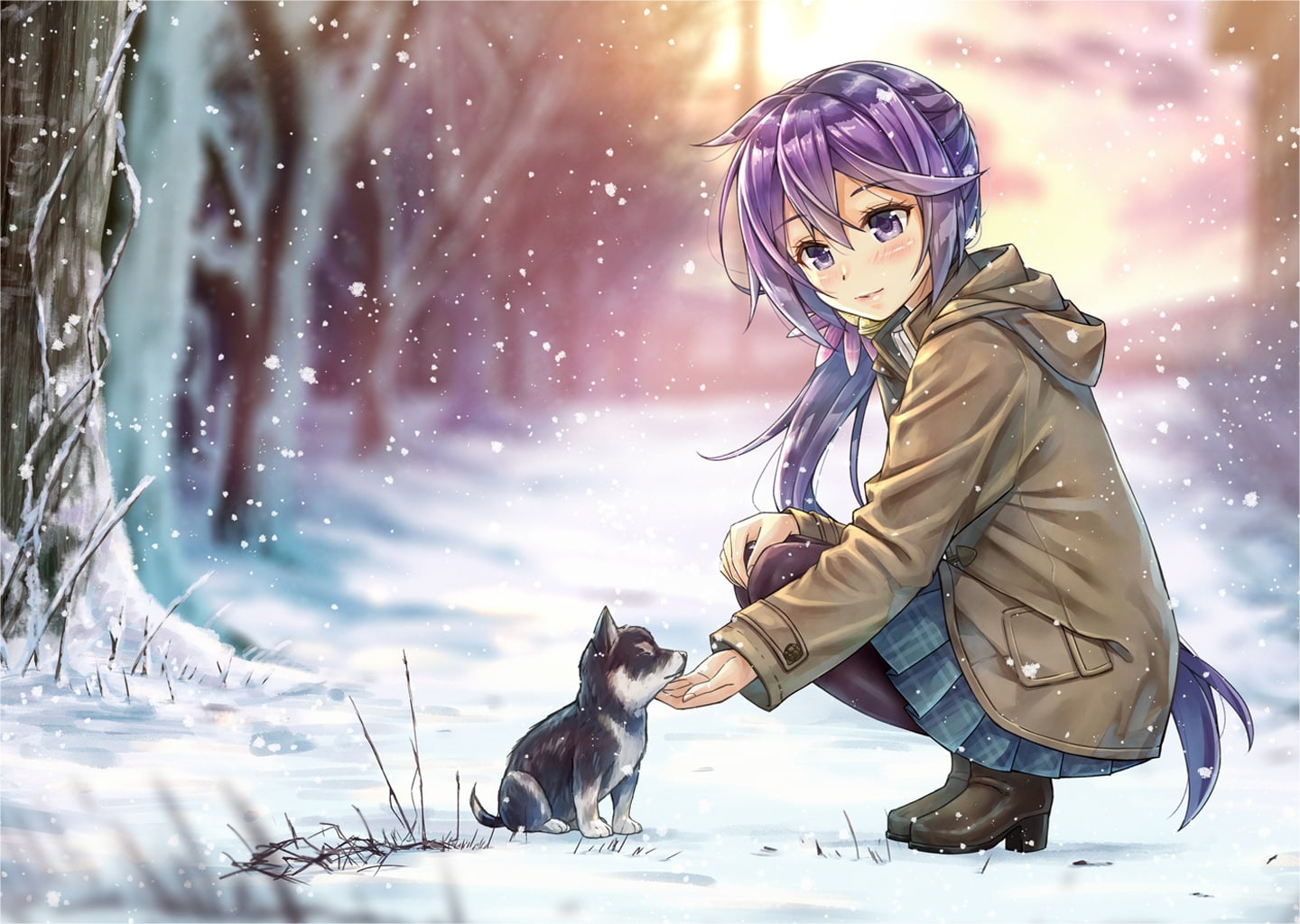 snow, cute, collection, girl, dress, kantai, dog, original, anime, 720P, HD Wallpaper