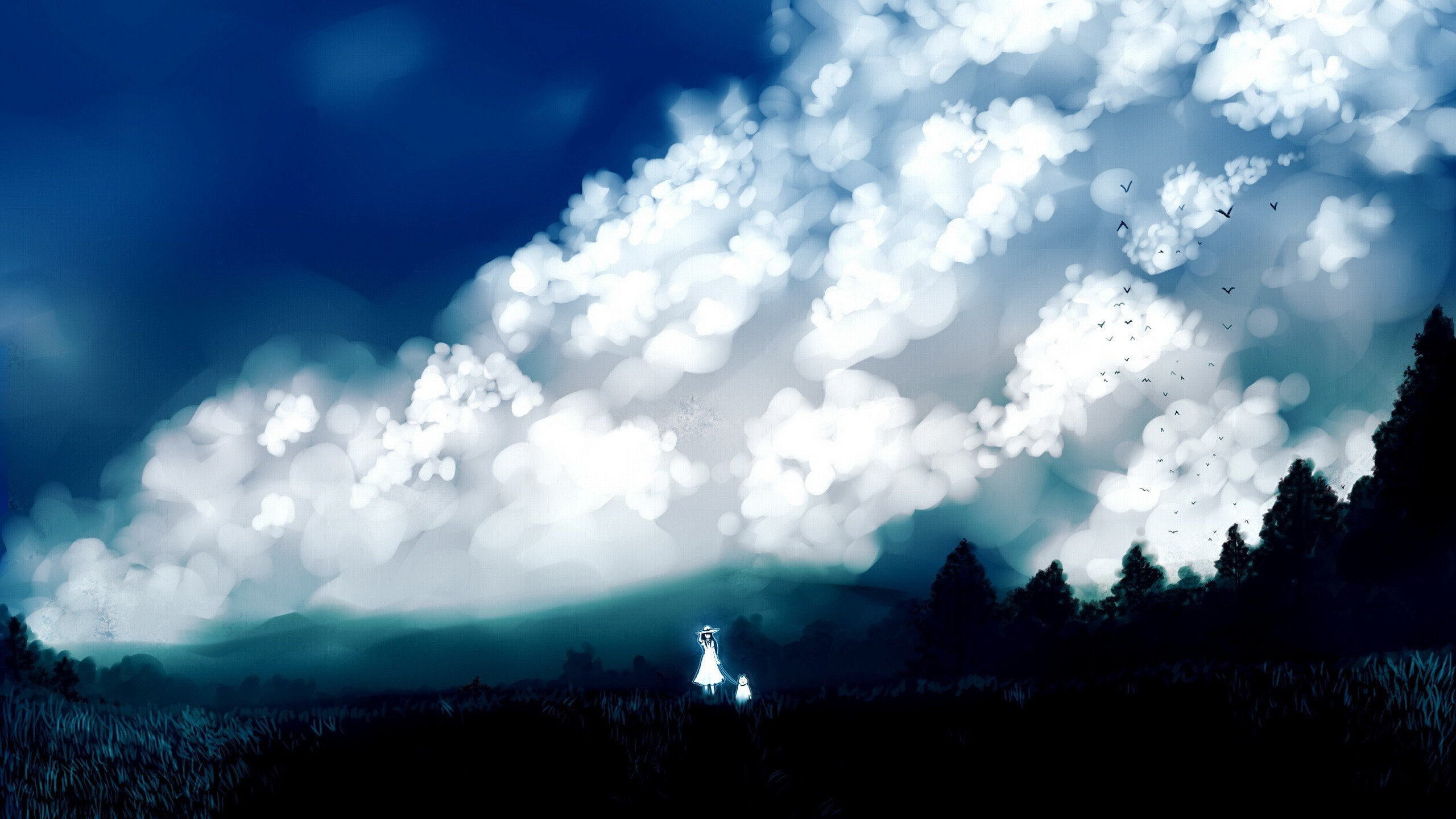 hats, Clouds, blue, long, no people, dress, tranquil scene, grass, dogs, land, silhouette, forests, landscapes, nature, 2K, white, outdoors, beauty in nature, HD Wallpaper
