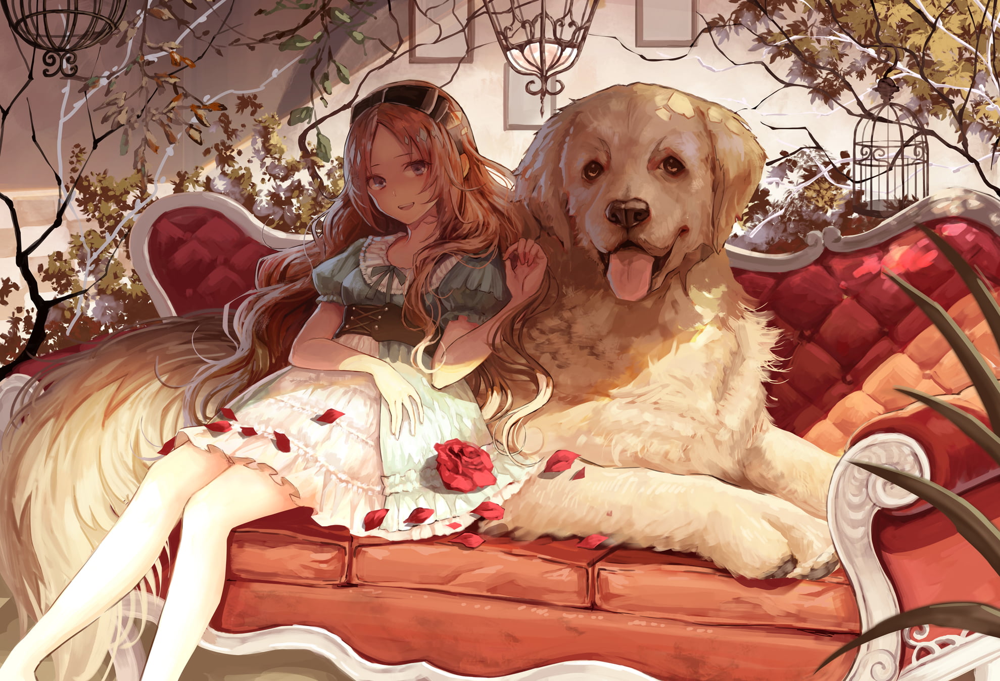 1080P, dog, cages, original characters, blonde, smiling, looking at viewer, anime, illustration, blue eyes, animals, sitting, 2D, anime girls, long hair, HD Wallpaper