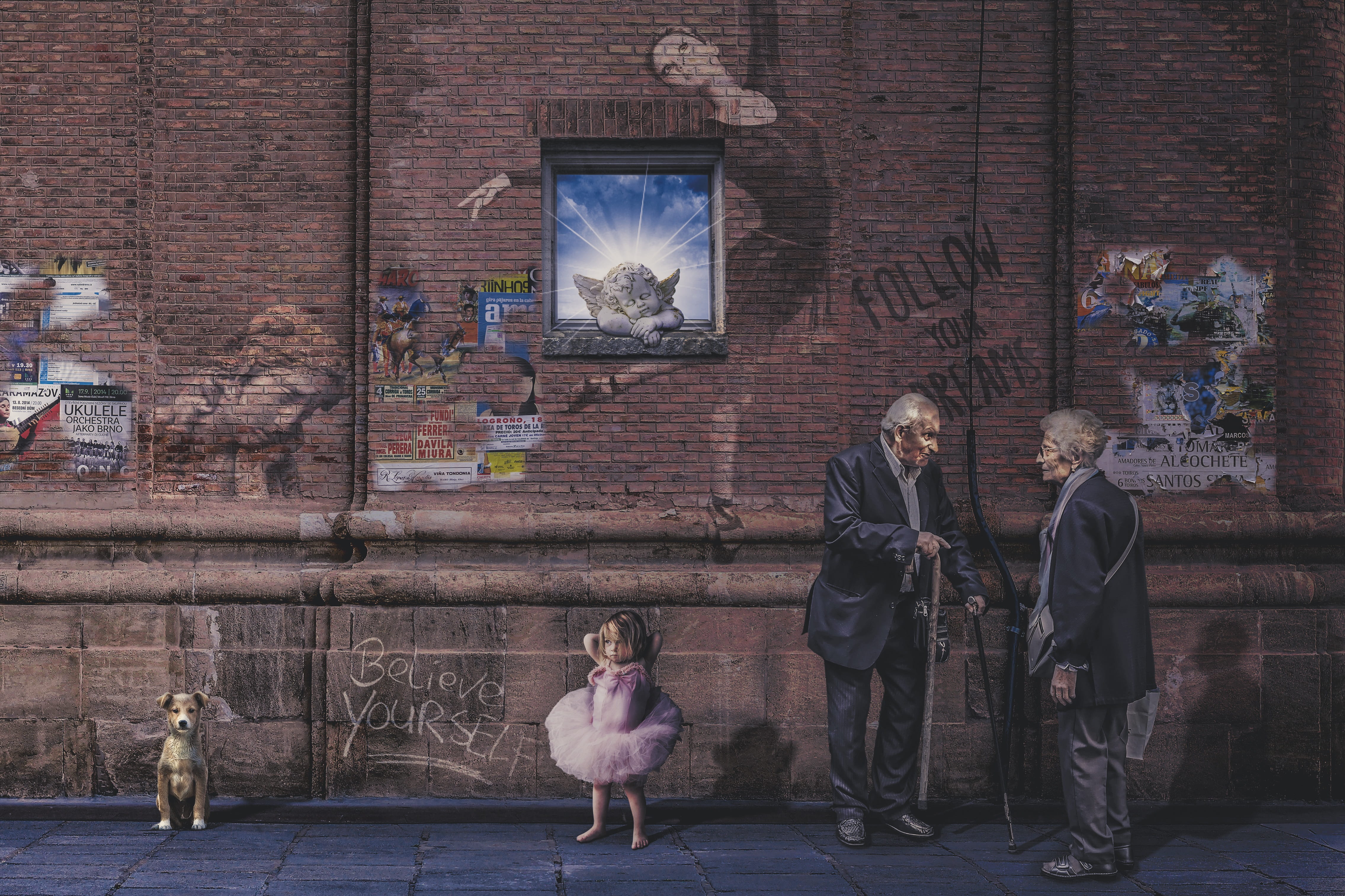 girl, dream, wall - building feature, sitting, brick wall, elderly, building exterior, women, walking stick, kid, follow your dream, leisure activity, believe, HD Wallpaper