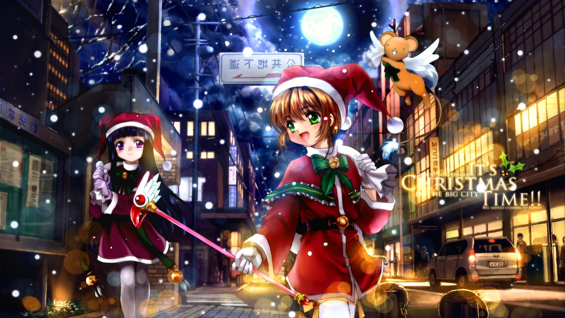 lighting equipment, 1080P, hat, street, illuminated, young women, city, Christmas, young adult, building exterior, night, light, standing, waist up, representation, HD Wallpaper