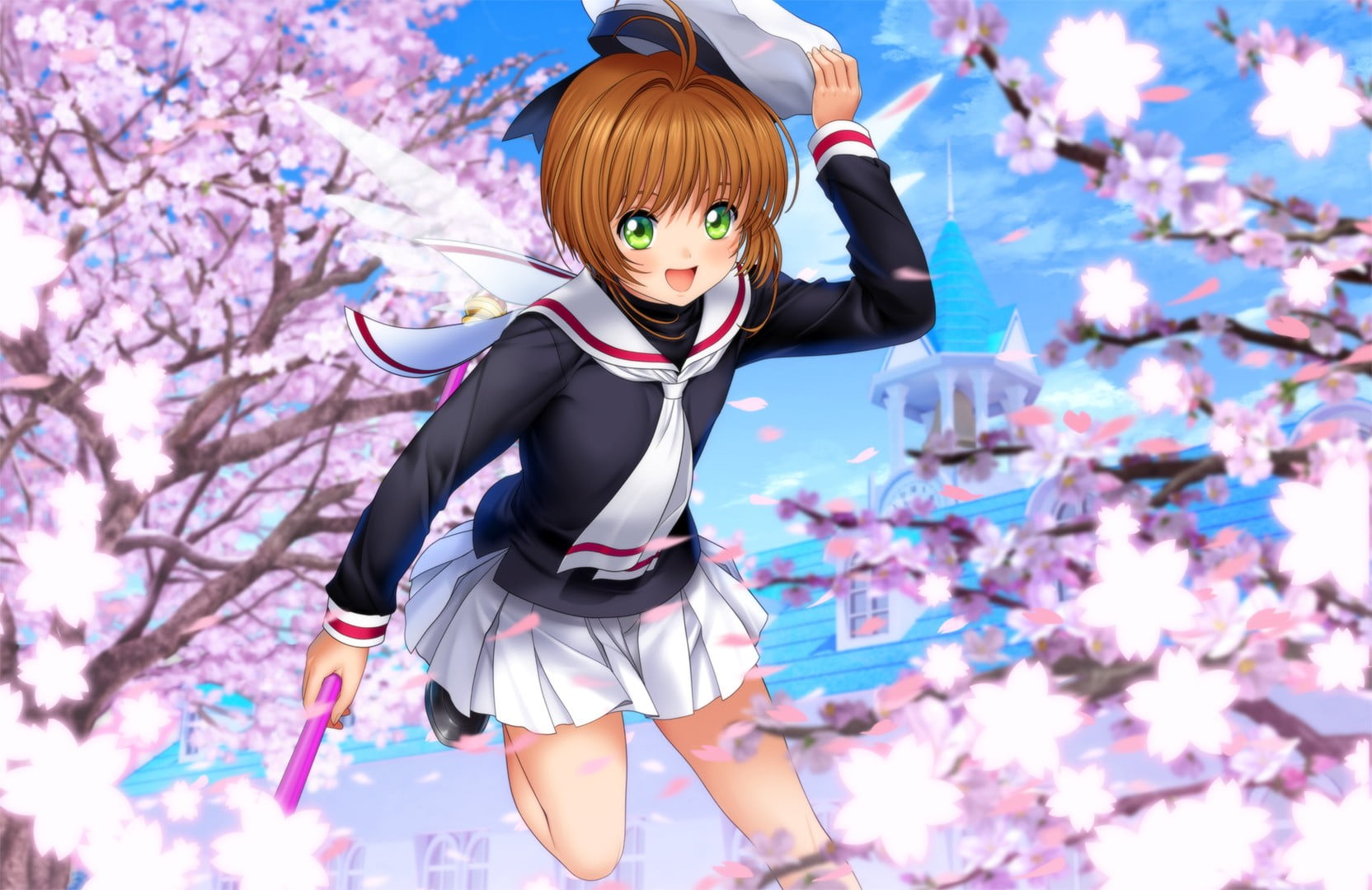 Kinomoto Sakura, pink color, 720P, plant, green eyes, innocence, outdoors, females, lifestyles, anime girls, child, brunette, flowering plant, Moonknives, HD Wallpaper