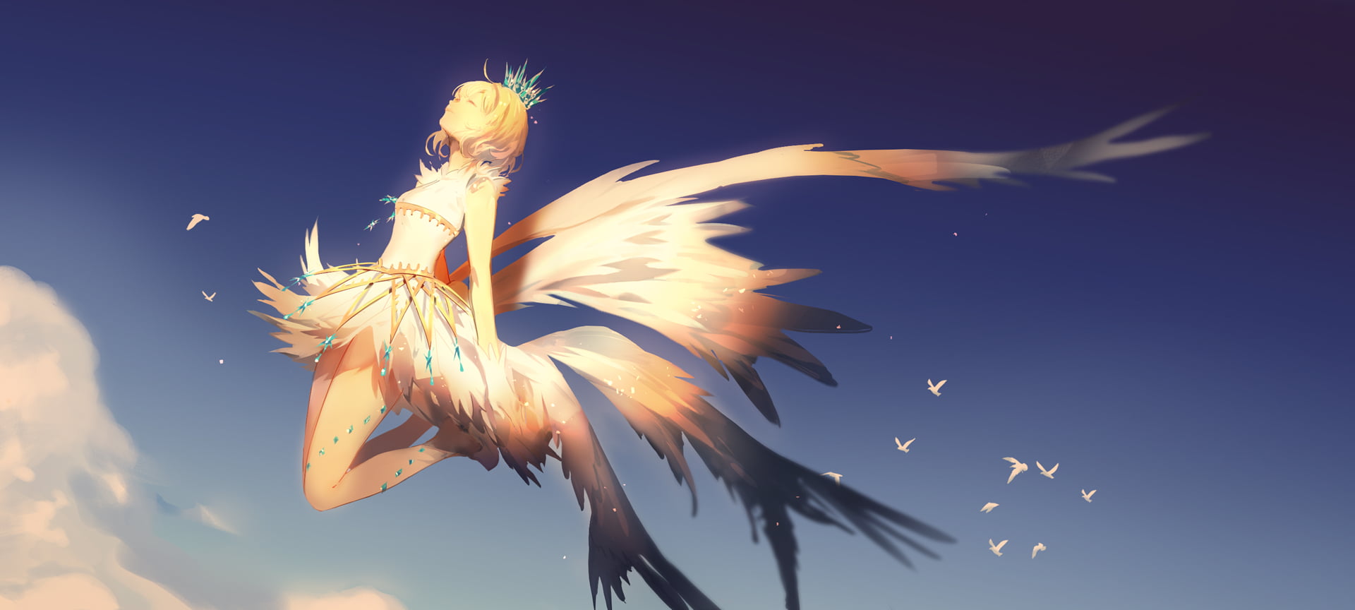 blonde, wings, anime girls, sky, 1080P, Kinomoto Sakura, crown, closed eyes, Card Captor Sakura, HD Wallpaper