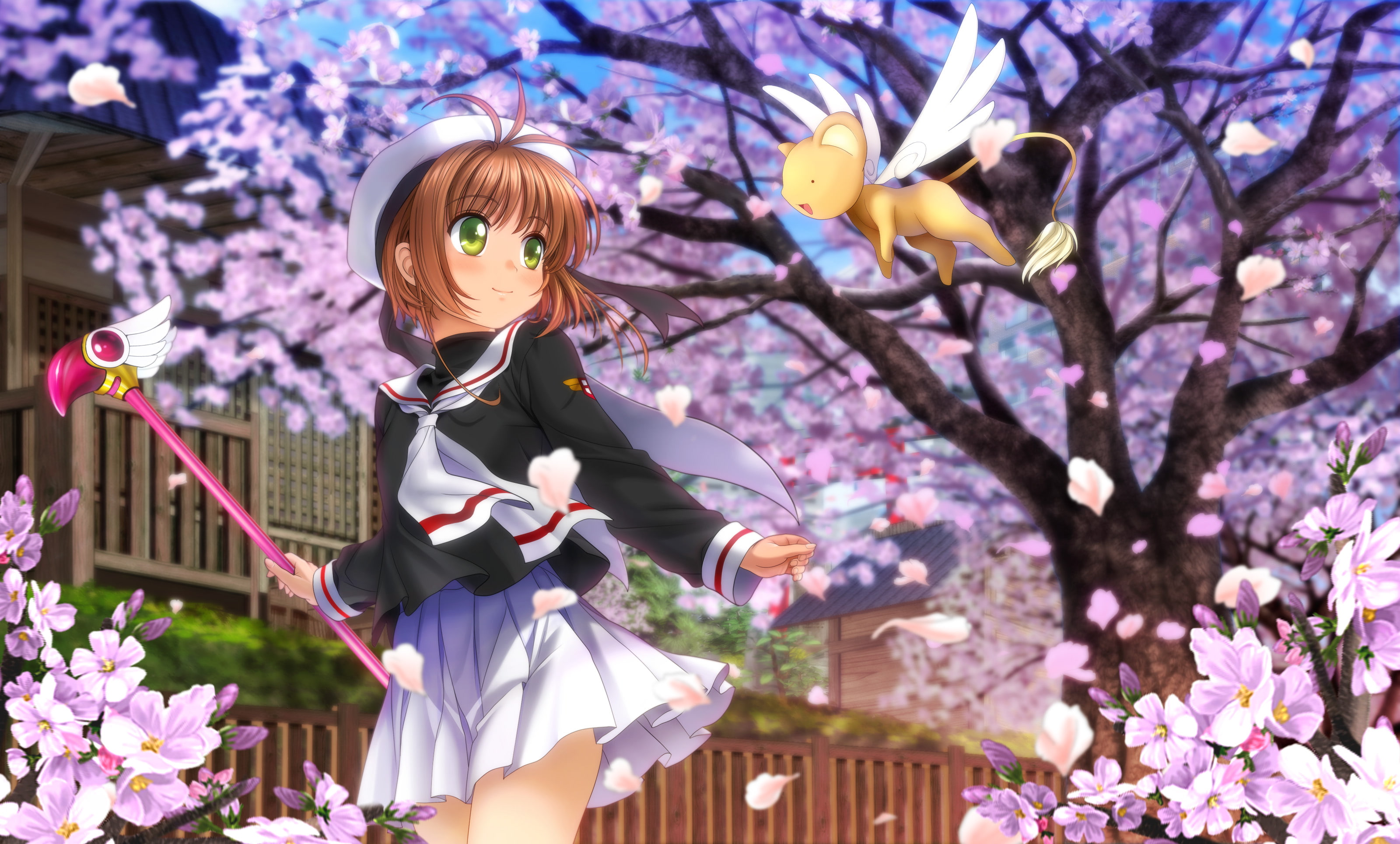 cgcollection, captor, twintails, eyes, flowers, mutuki, petals, seifuku, kinomoto, brown, card, hair, blossoms, green, 2K, kero, sakura, moonknives, clamp, HD Wallpaper