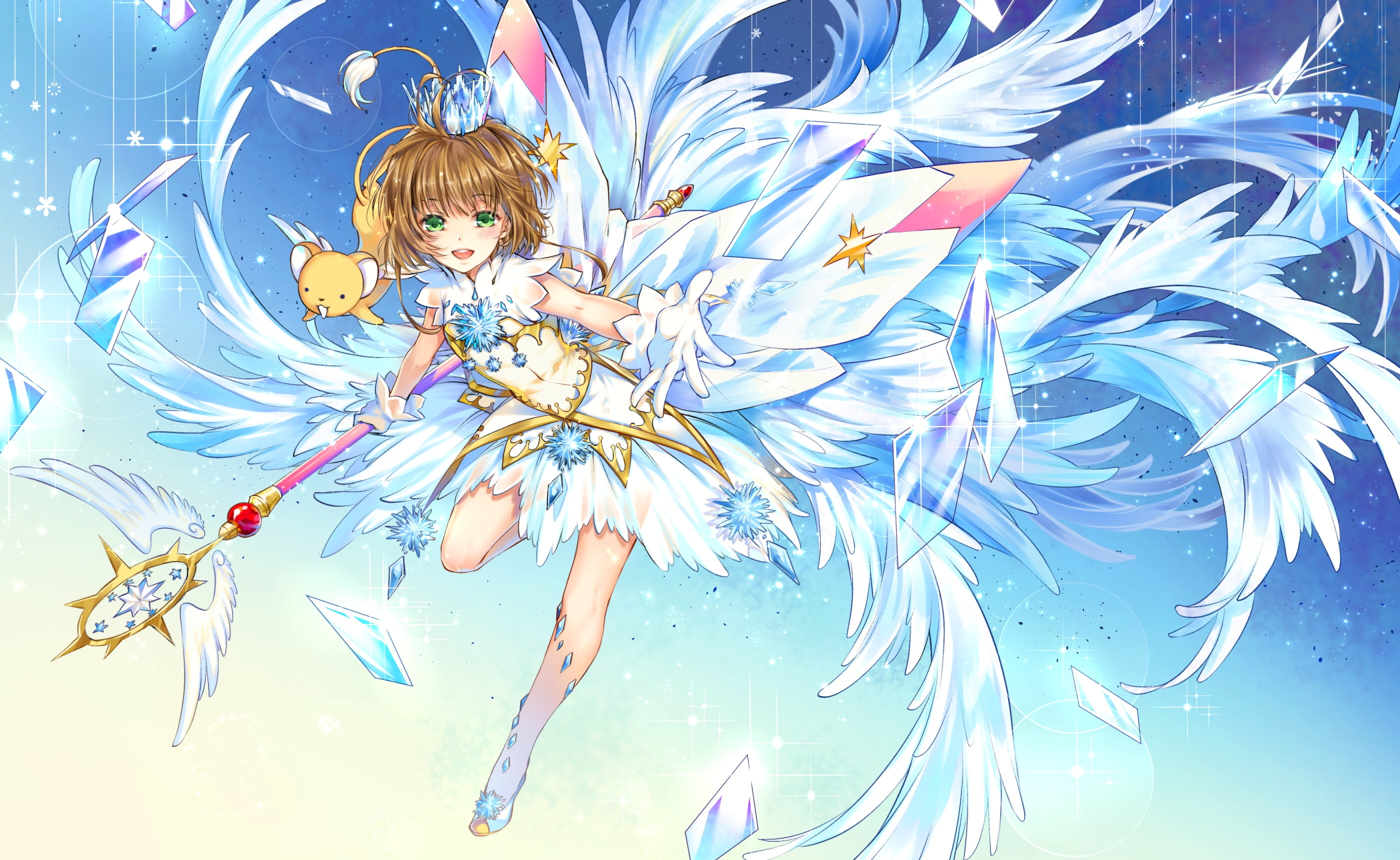 dress, green, 258726, gloves, konachan, brown, eyes, kero, 2K, wand, wings, hair, captor, blush, short, com, kingchenxi, sakura, kinomoto, card, HD Wallpaper