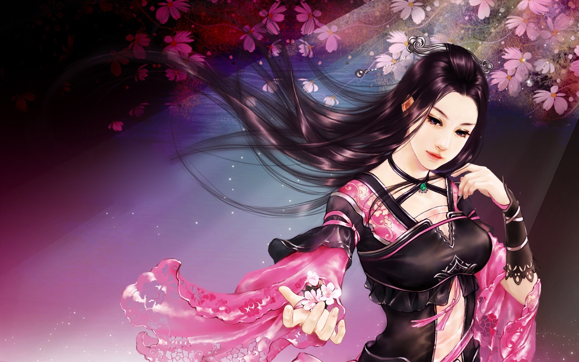 Art, Girl, 1080P, Petals, Flowers, Sakura, Asian, HD Wallpaper