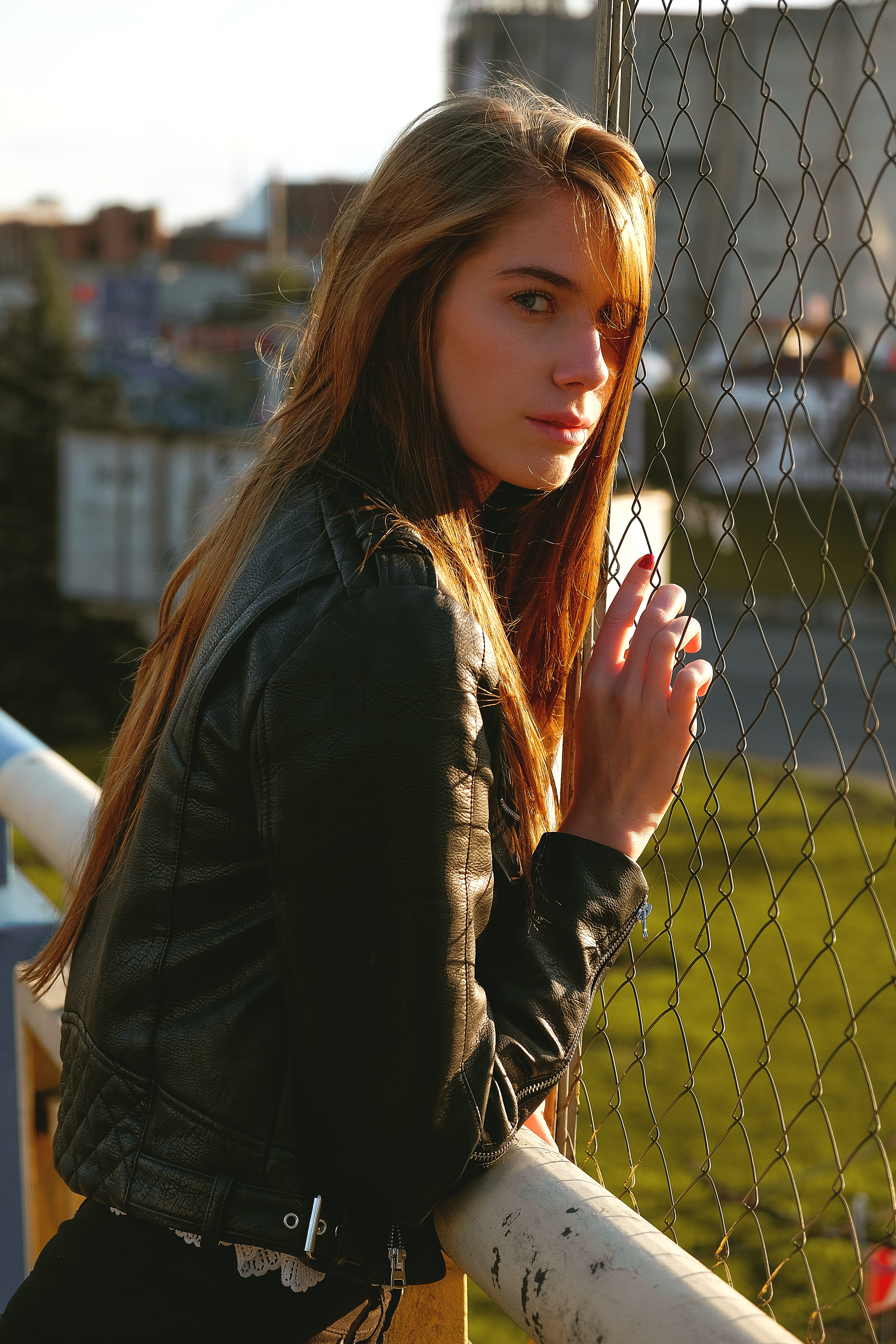 woman, leather jacket, beautiful woman, beauty, blonde, standing, twilight, young adult, white, hairstyle, leather, girl, metal, female, streetfashion, Phone HD Wallpaper