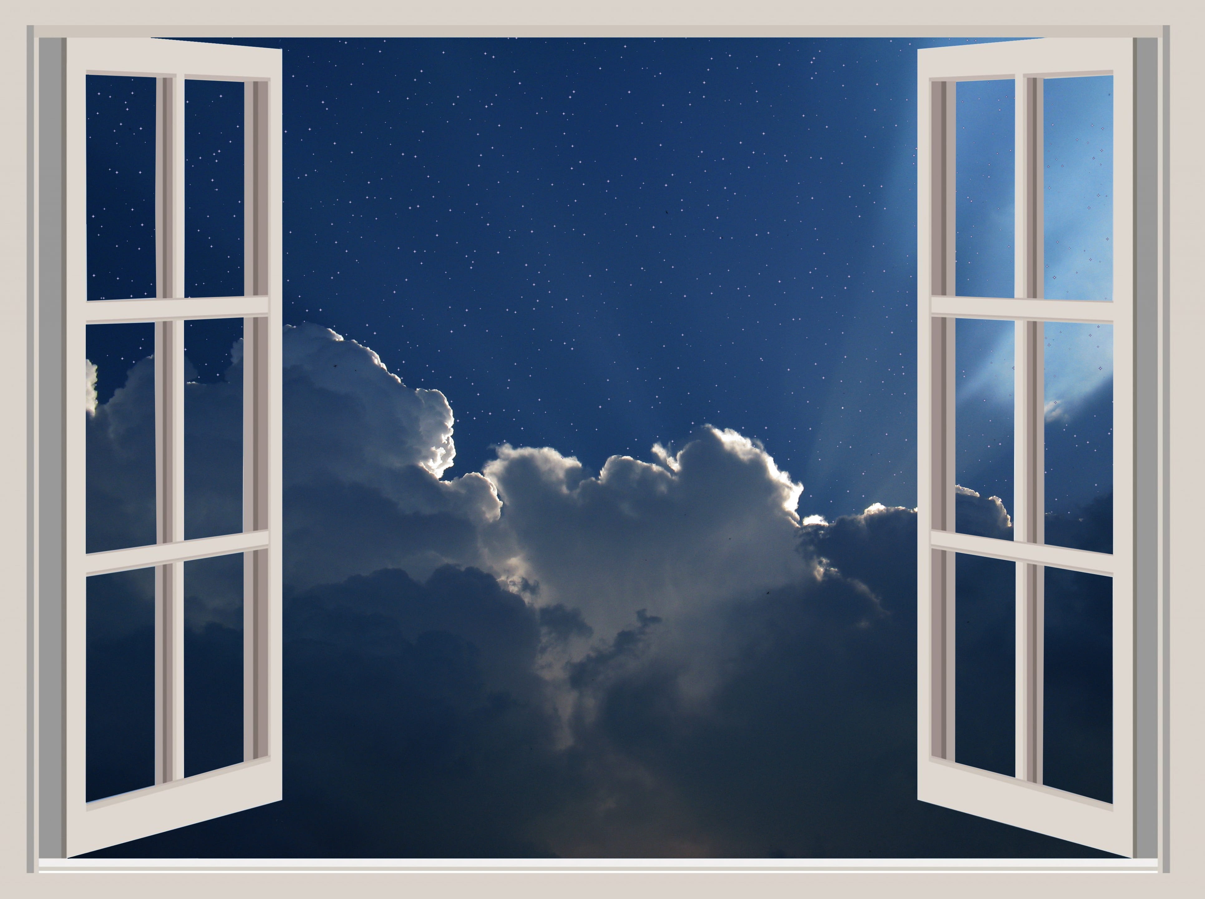 sunbeam, window, showing, space, digital composite, outlook, 4K, door, beauty in nature, light, clouds, blue, transparent, glass, window frames, nature, HD Wallpaper