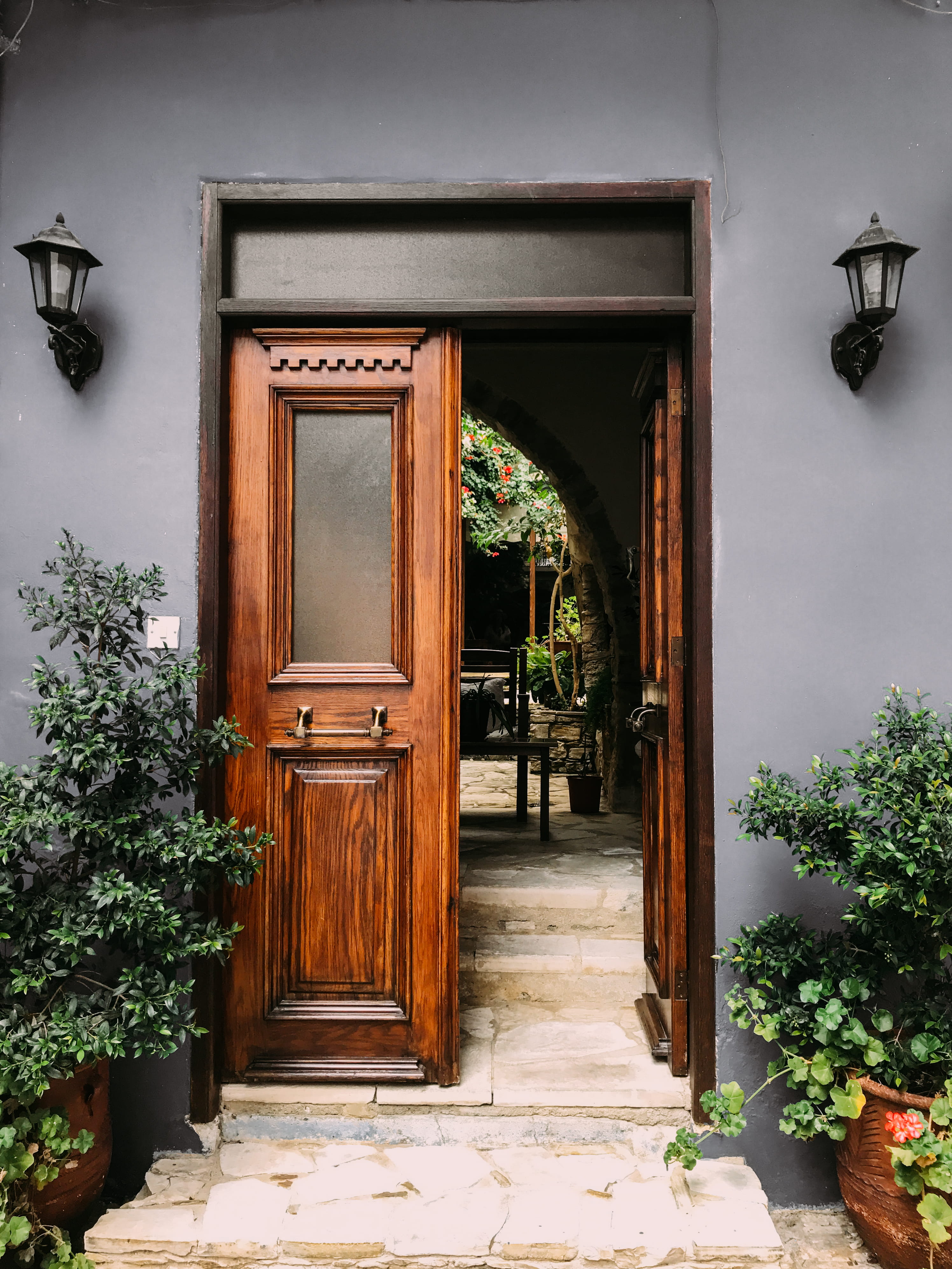architecture, closed, wall, nature, wood - material, pots, green, entrance, plants, potted plant, colors, plant, steps, opened, door, grey, urban, growth, Phone HD Wallpaper