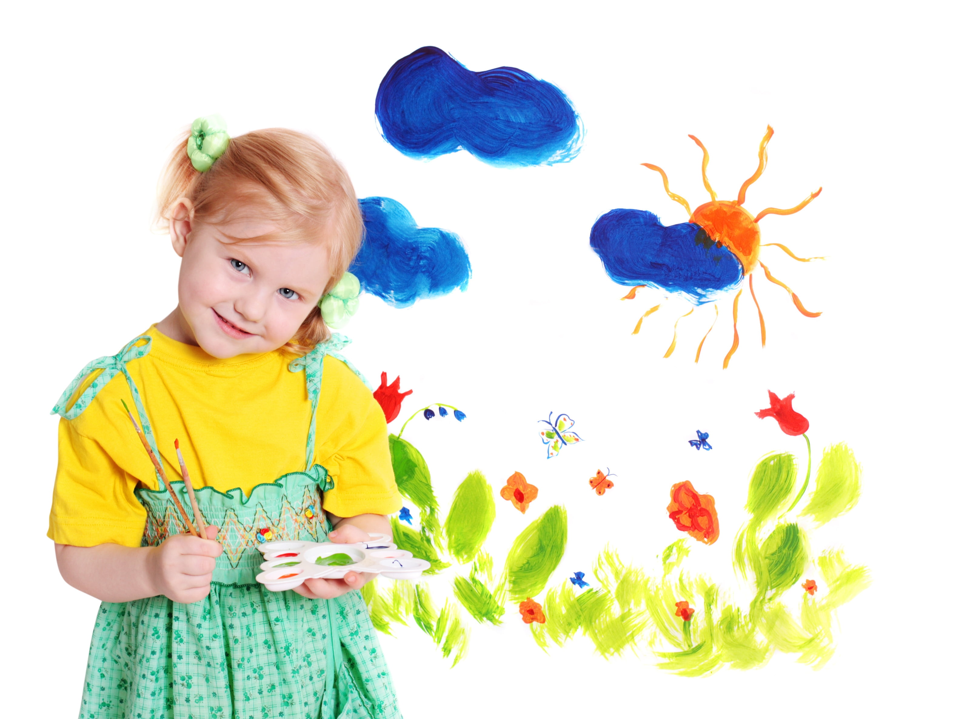 baby Girls, art, green, drawing, learning, nature, happiness, white, paint, beautiful, creativity, playing, offspring, preschool Age, education, smiling, HD Wallpaper