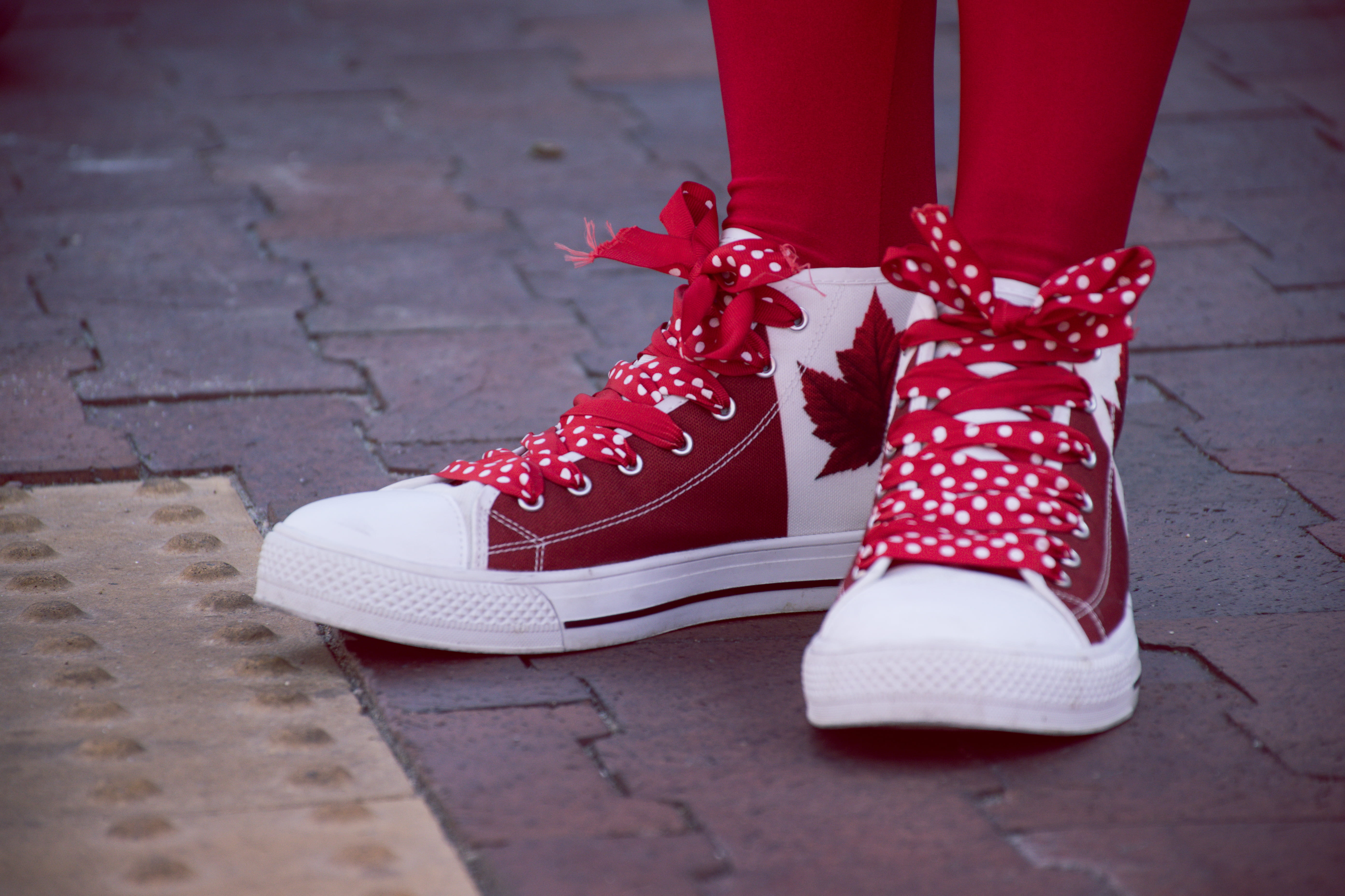 5K, rubber boot, day, wear, person, closeup, sneakers, outdoors, shoe, pair, lace, maple, white color, polka dots, red, shoelace, paving stone, spotted, HD Wallpaper