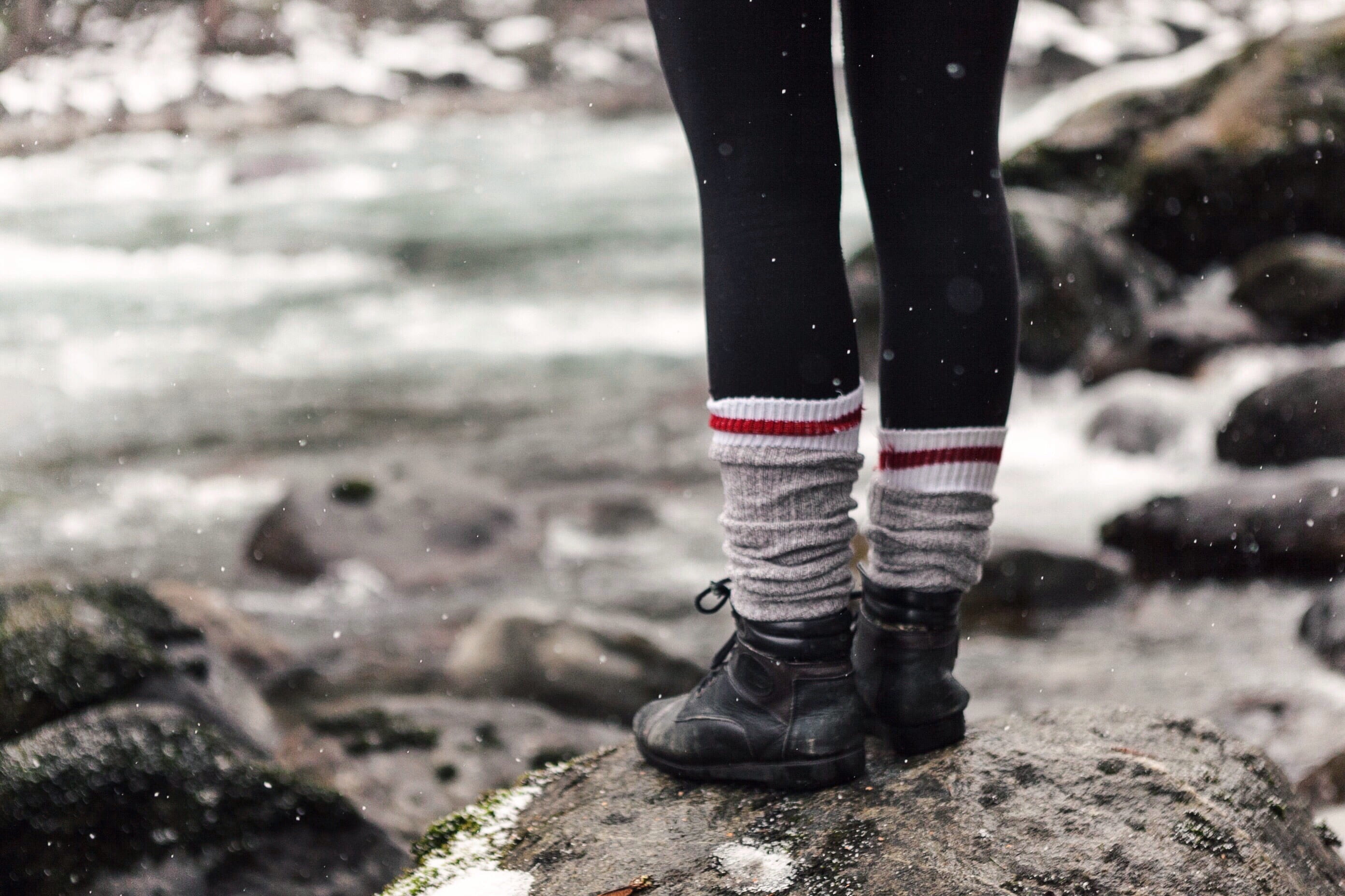 one person, snow, lace, human body part, foot, water, sock, outdoors, shoe, limb, standing, human limb, feet, cold, grey, person, focus on foreground, stone, HD Wallpaper