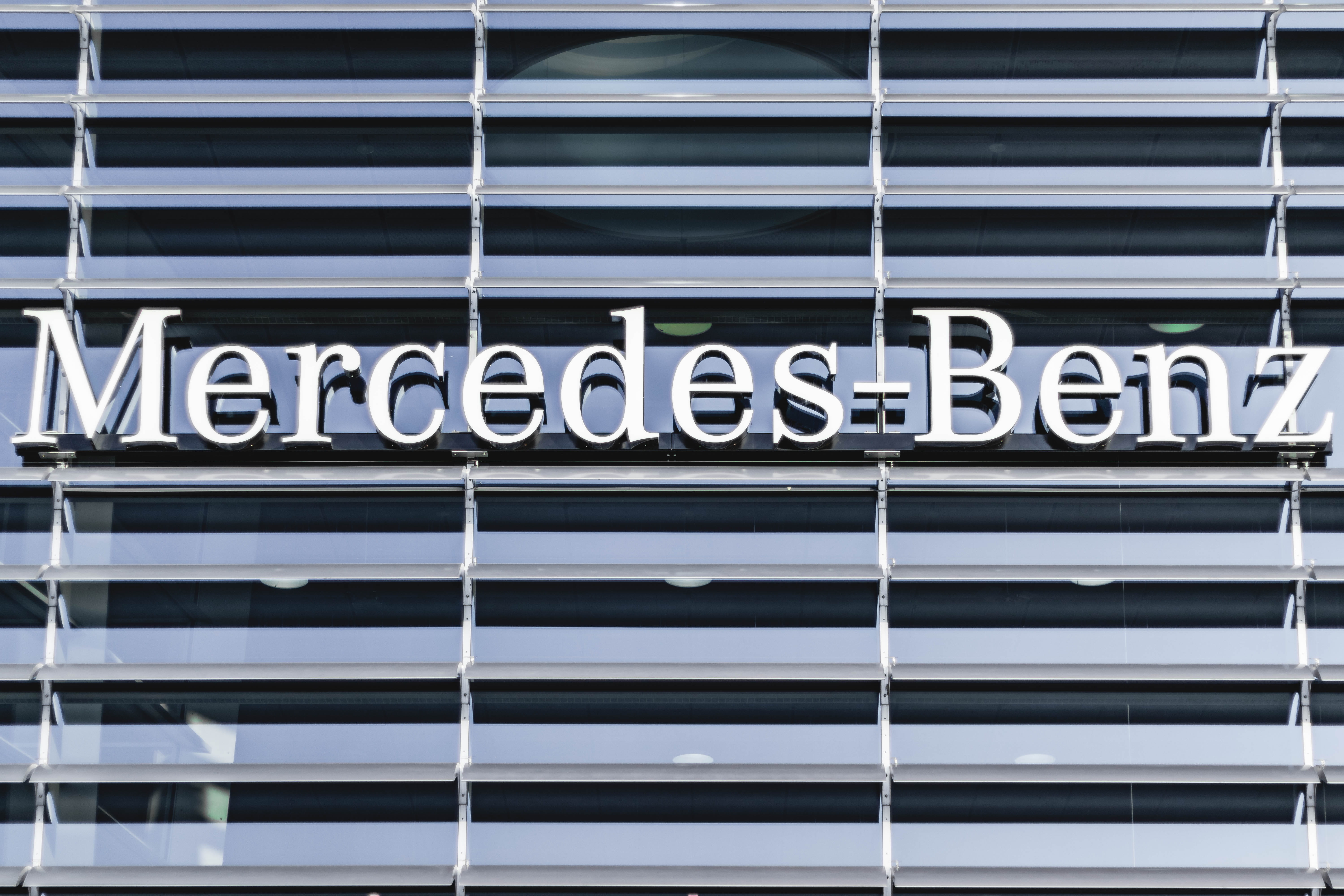 trademark, building, curtain, mercedes benz, capital letter, glass - material, home decor, outdoors, building exterior, emblem, communication, sign, garage, HD Wallpaper
