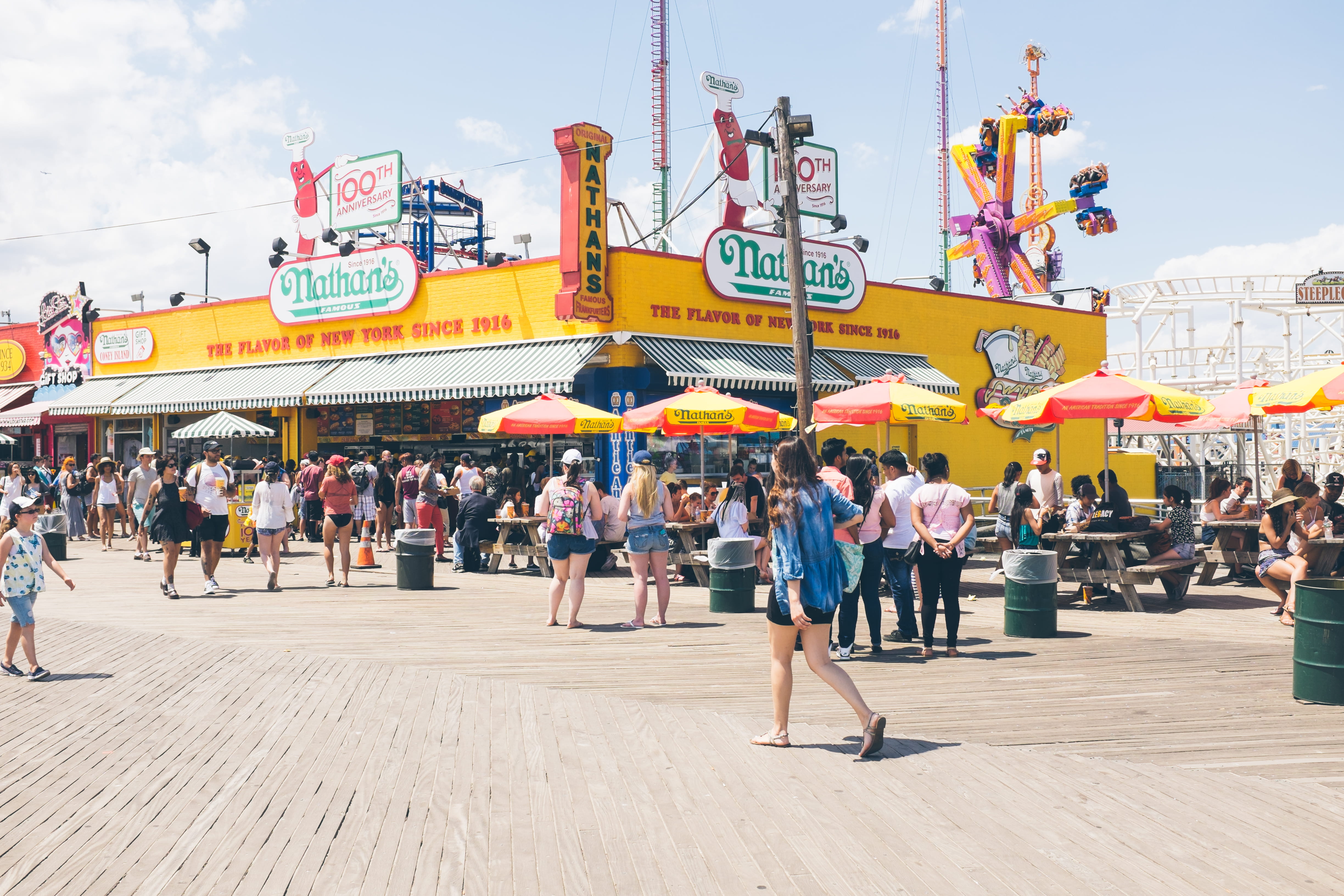 coney island, adult, bridge, tourists, theme park, daytime, day, men, fast food, real people, hot dogs, outdoors, text, lifestyles, people, nature, summer, HD Wallpaper