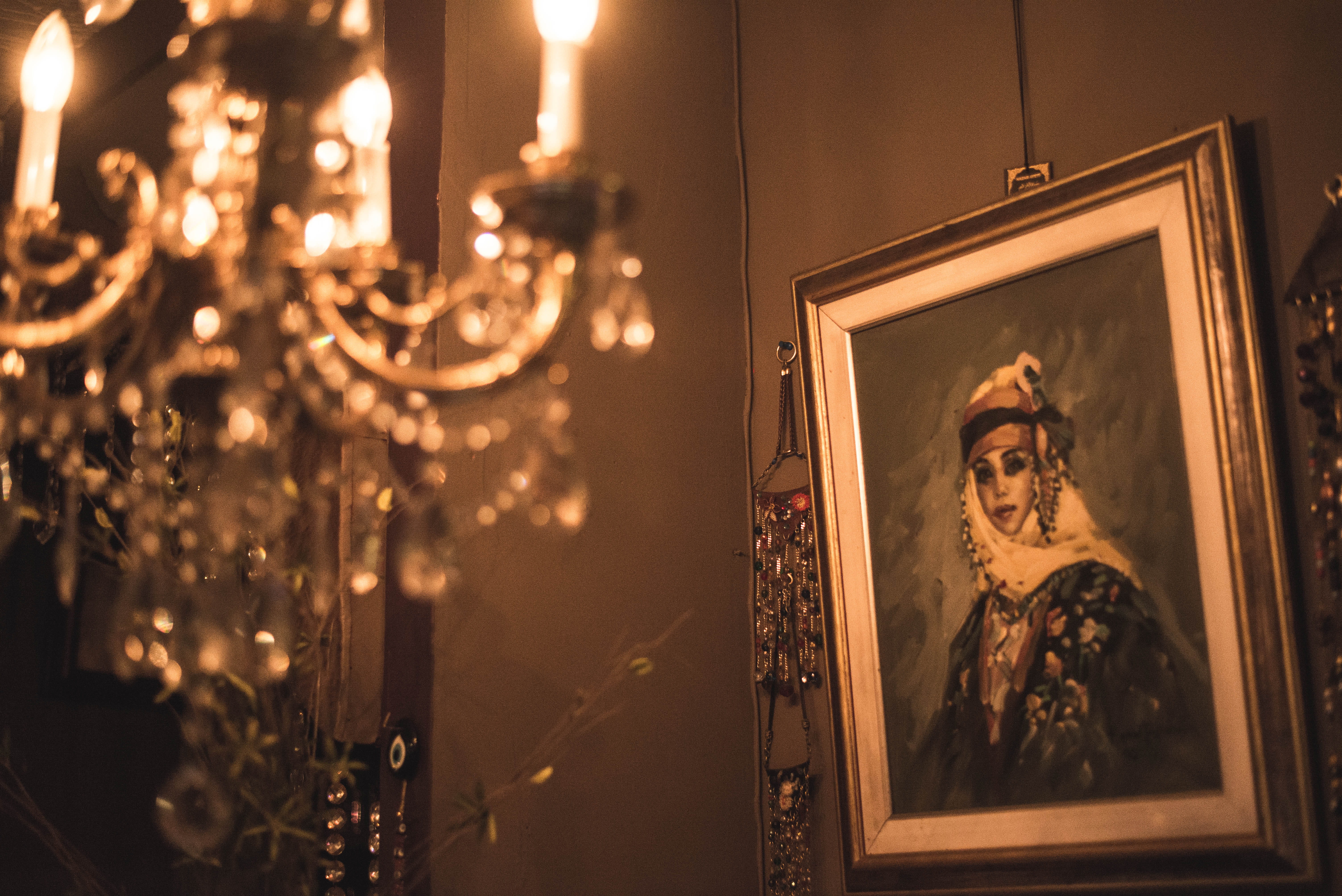 lighting, picture frame, human, person, home interior, focus on foreground, room, craft, crypt, decoration, head, illuminated, pottery, light, canvas, human representation, HD Wallpaper