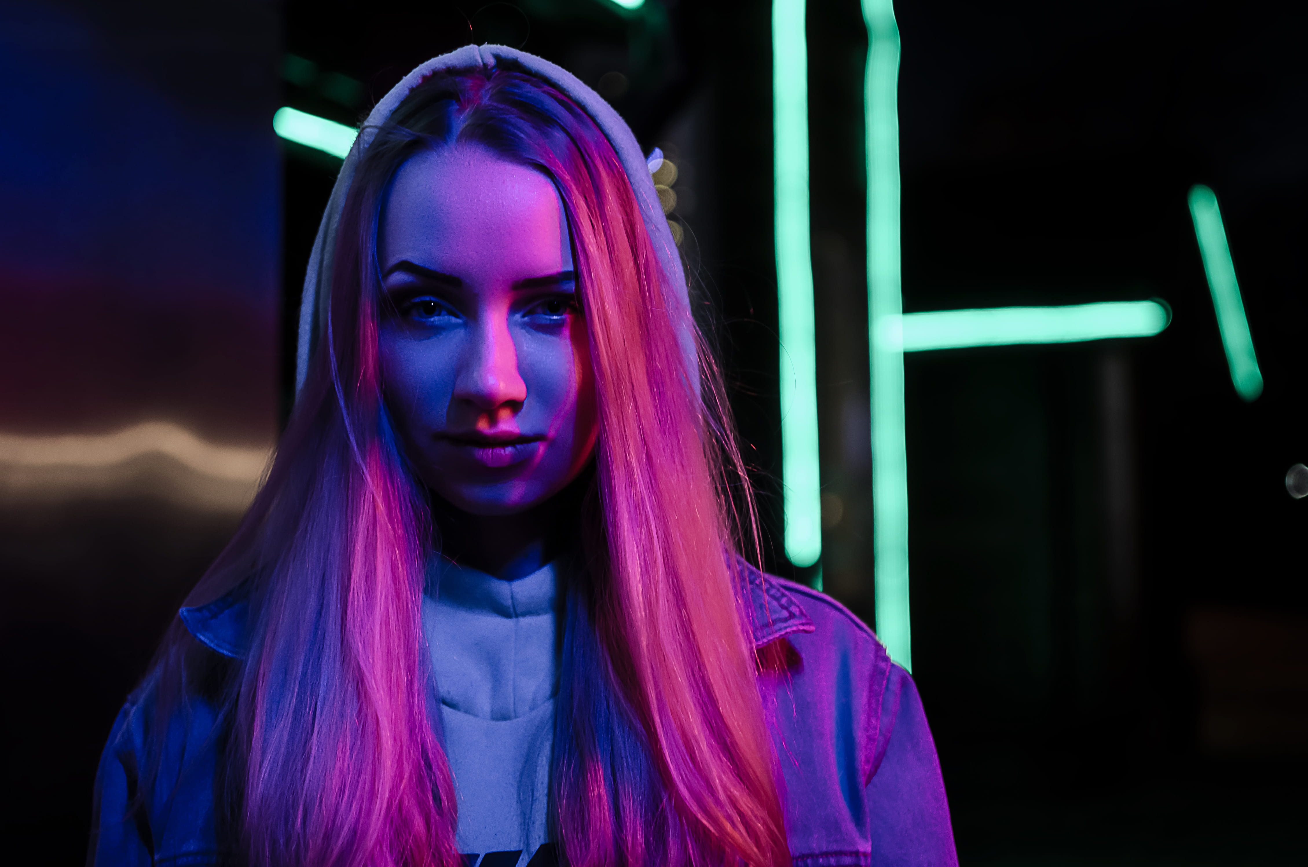 illuminated, adult, night, portrait, head, dyed hair, dye, flare, front view, home decor, neon, light, purple, young adult, real people, hair, focus on foreground, HD Wallpaper