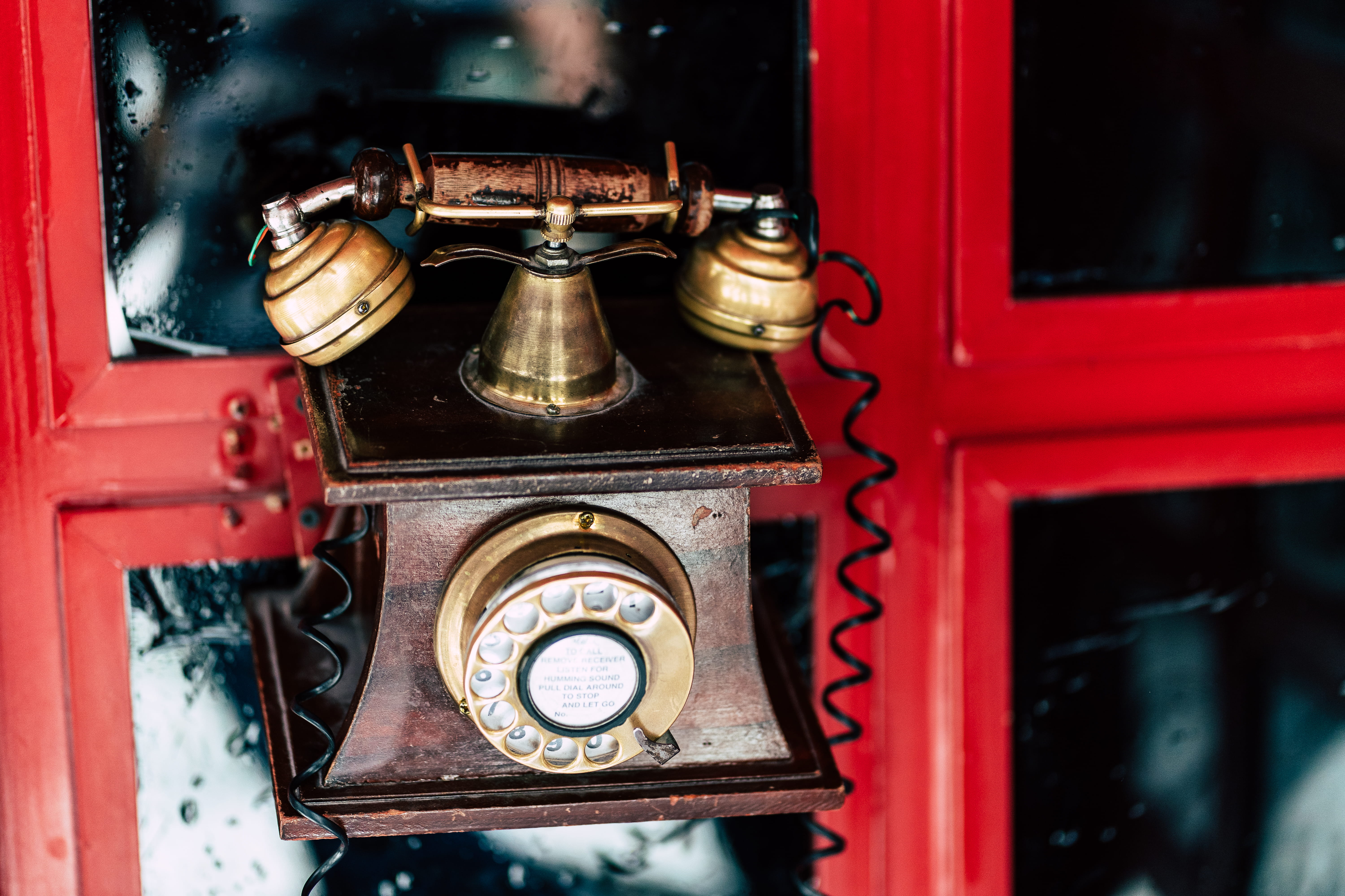 red, antique, advertisement, communication, 5K, telephone, close-up, phone, steering wheel, collage, retro styled, graffiti, heart, rotary phone, rust, HD Wallpaper