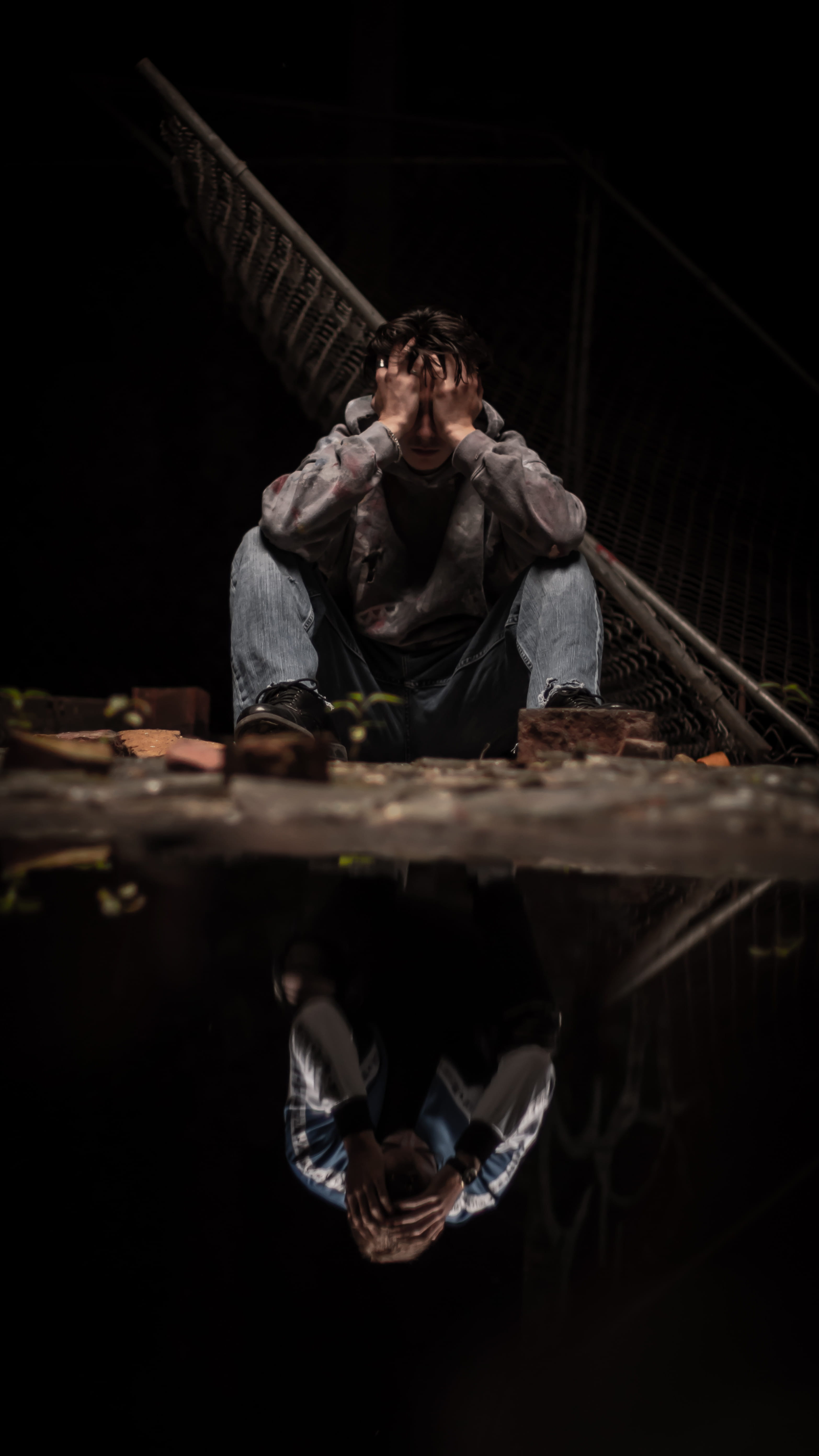 human, young men, wood, nighttime, finger, overcoat, adult, urban, depression - sadness, pants, men, night, plywood, man, young adult, looking up, studio shot, Phone HD Wallpaper