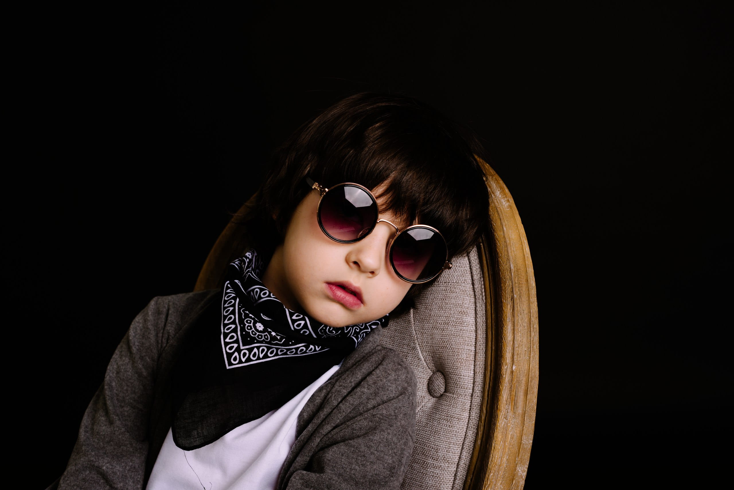 clothing, innocence, black background, studio shot, studio, cute, wearing, girls, real people, scarf, kid, child, boredom, glasses, indoors, fashion, wear, HD Wallpaper