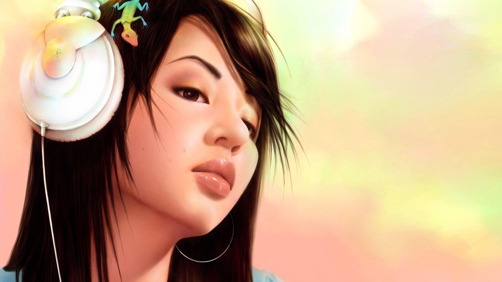 1080P, stereo, 1920x1080, white, music, girl, headphone, listening, woman, illustration, HD Wallpaper