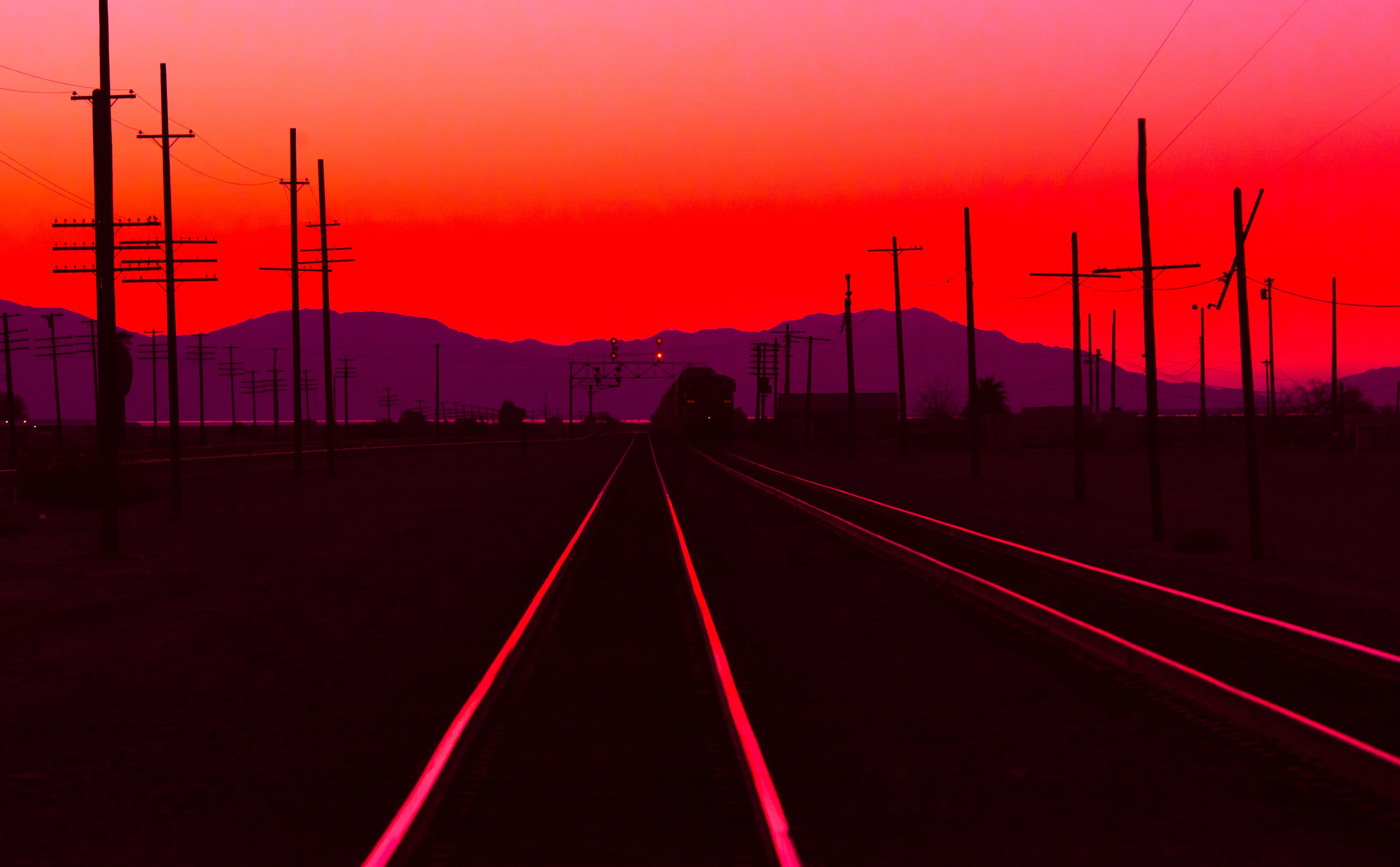 sky, cable, the way forward, outdoors, Tracks, power supply, track, mode of transportation, dusk, Sunset, silhouette, rail transportation, transportation, HD Wallpaper