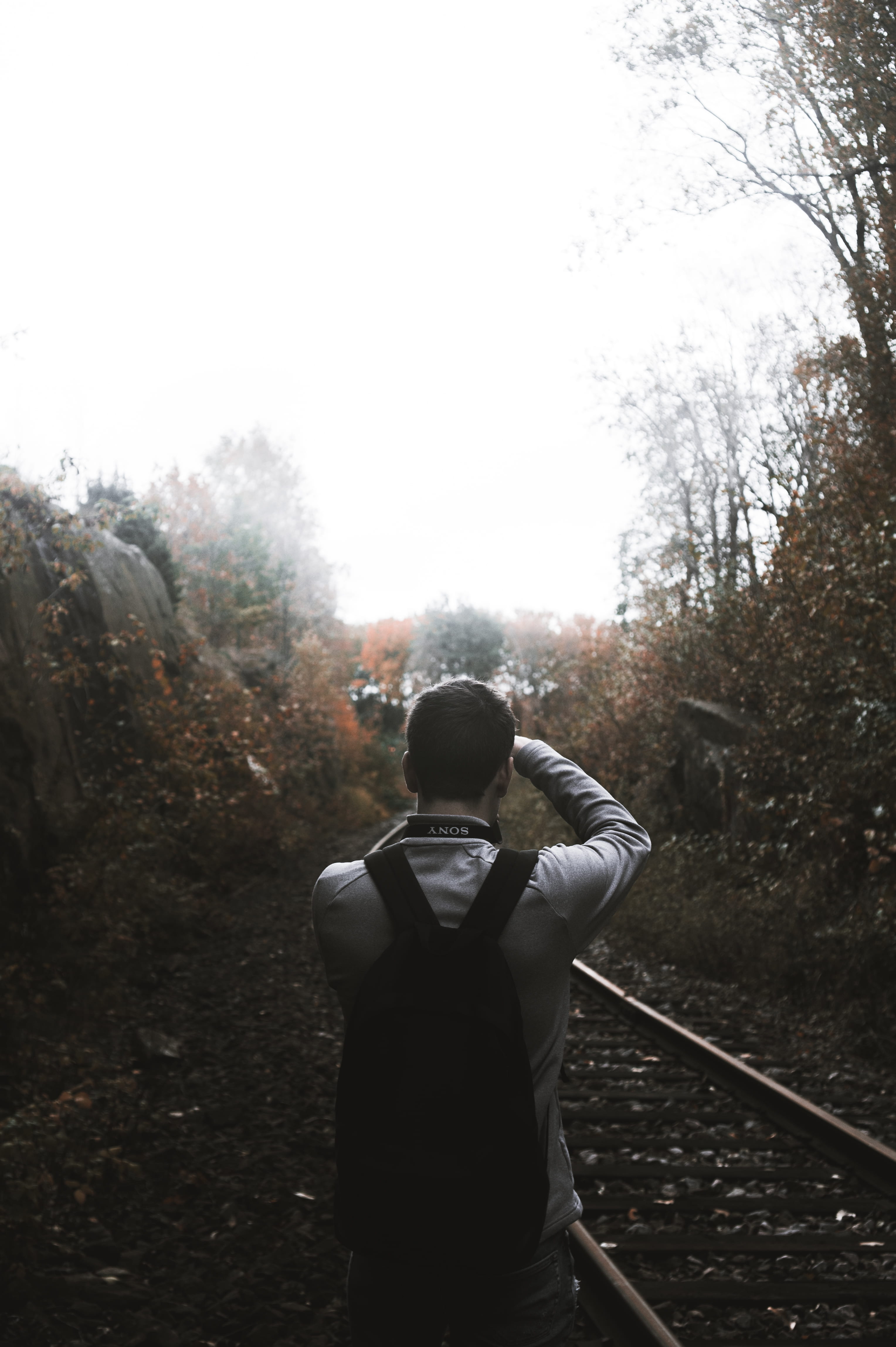 landscape, sky, taking, mood, bush, railway, photo, forest, railroad track, rock, outdoors, young adult, camera, standing, one person, lifestyles, real people, Phone HD Wallpaper