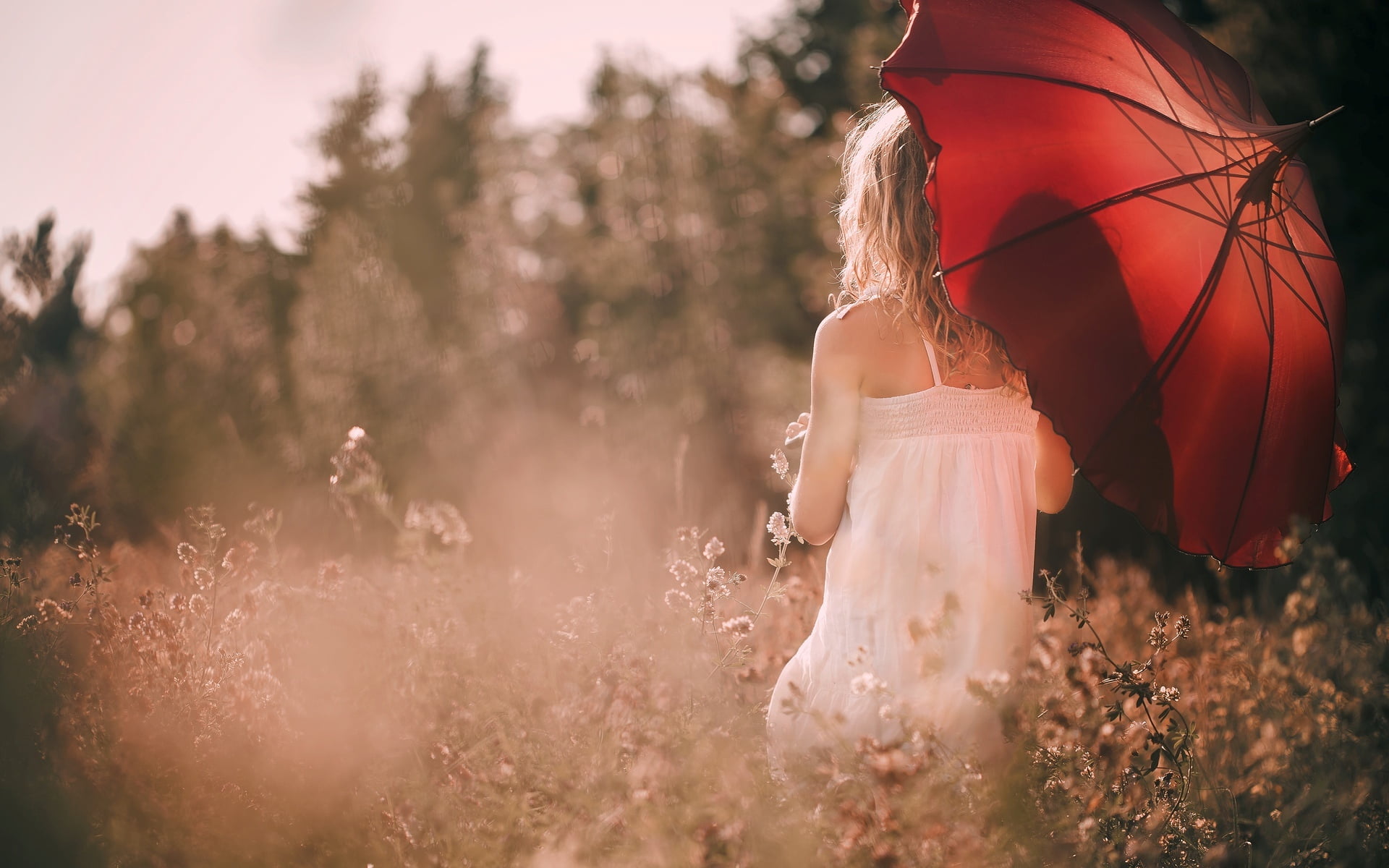 beautiful woman, women, dress, standing, blond hair, 1080P, hairstyle, nature, umbrella, land, young adult, hair, white, HD, fullscreen, plants, HD Wallpaper