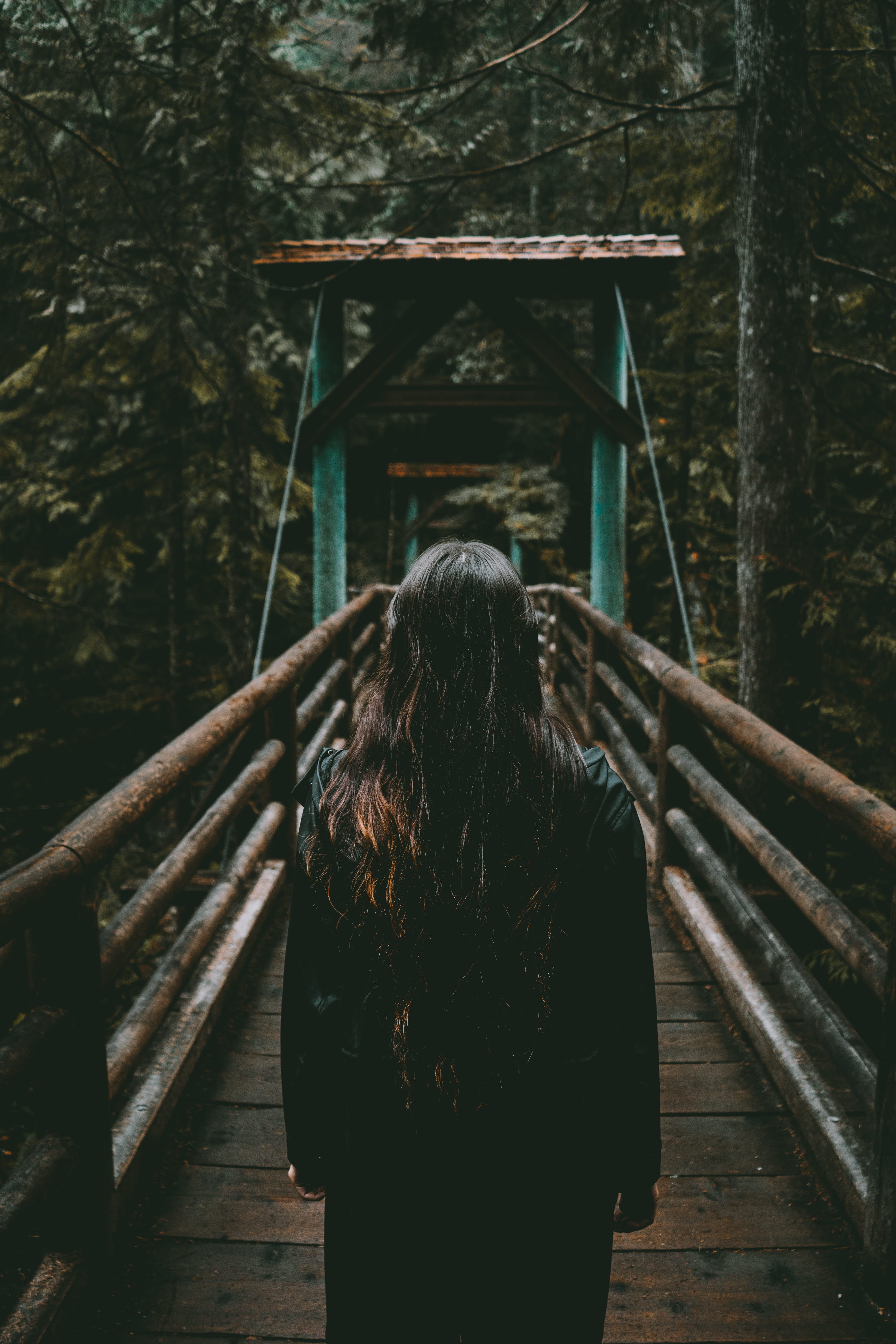 standing, spooky, wooden bridge, nature, forest, halloween, sadness, dark, adult, bridge, females, women, woman, lifestyles, rural Scene, vancouver, rain, Phone HD Wallpaper