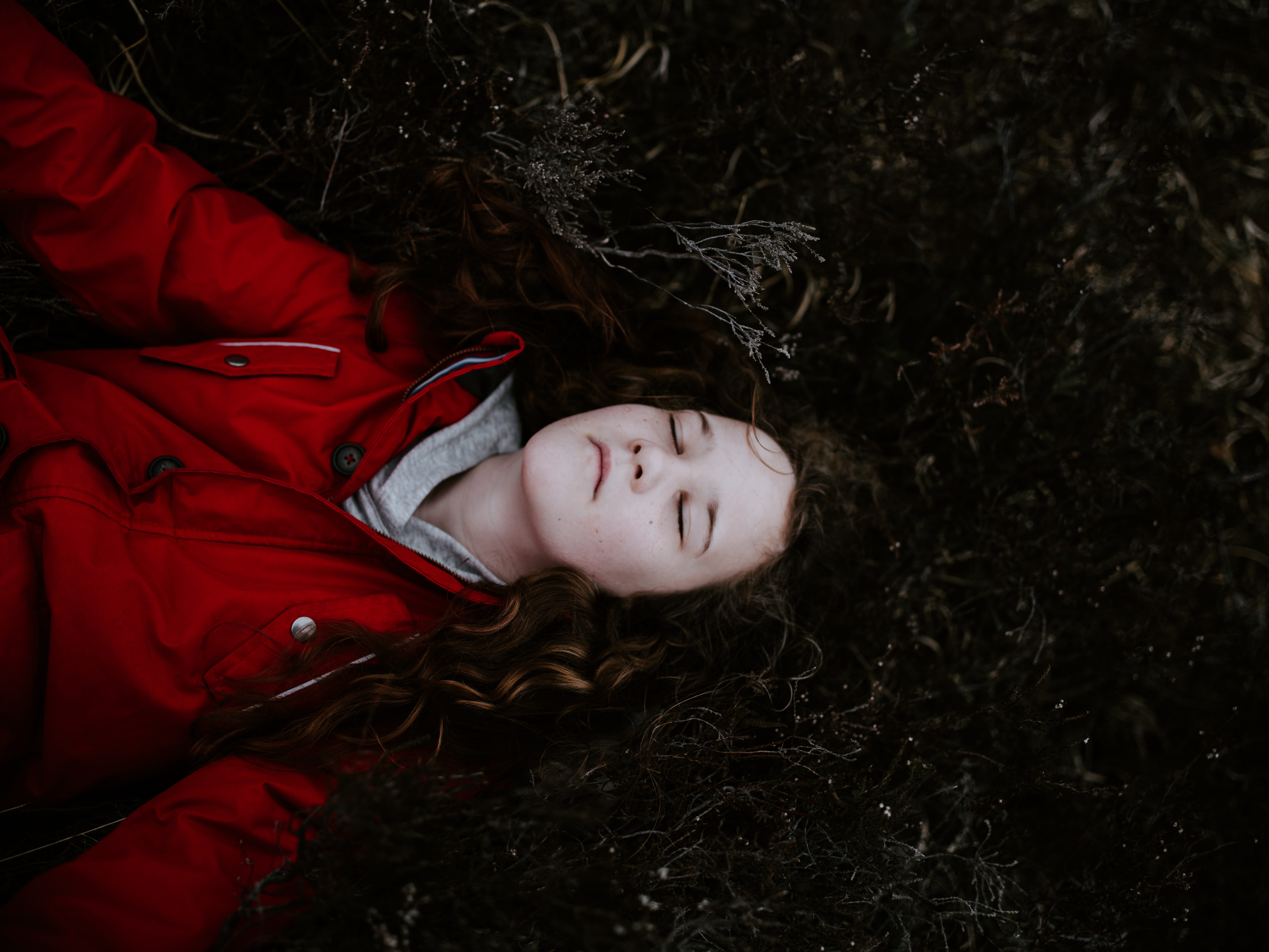hair, relaxation, jacket, lying down, red, dryer, resting, lying on back, waist up, coat, wearing, hood, clothing, sweatshirt, childhood, contemplation, HD Wallpaper