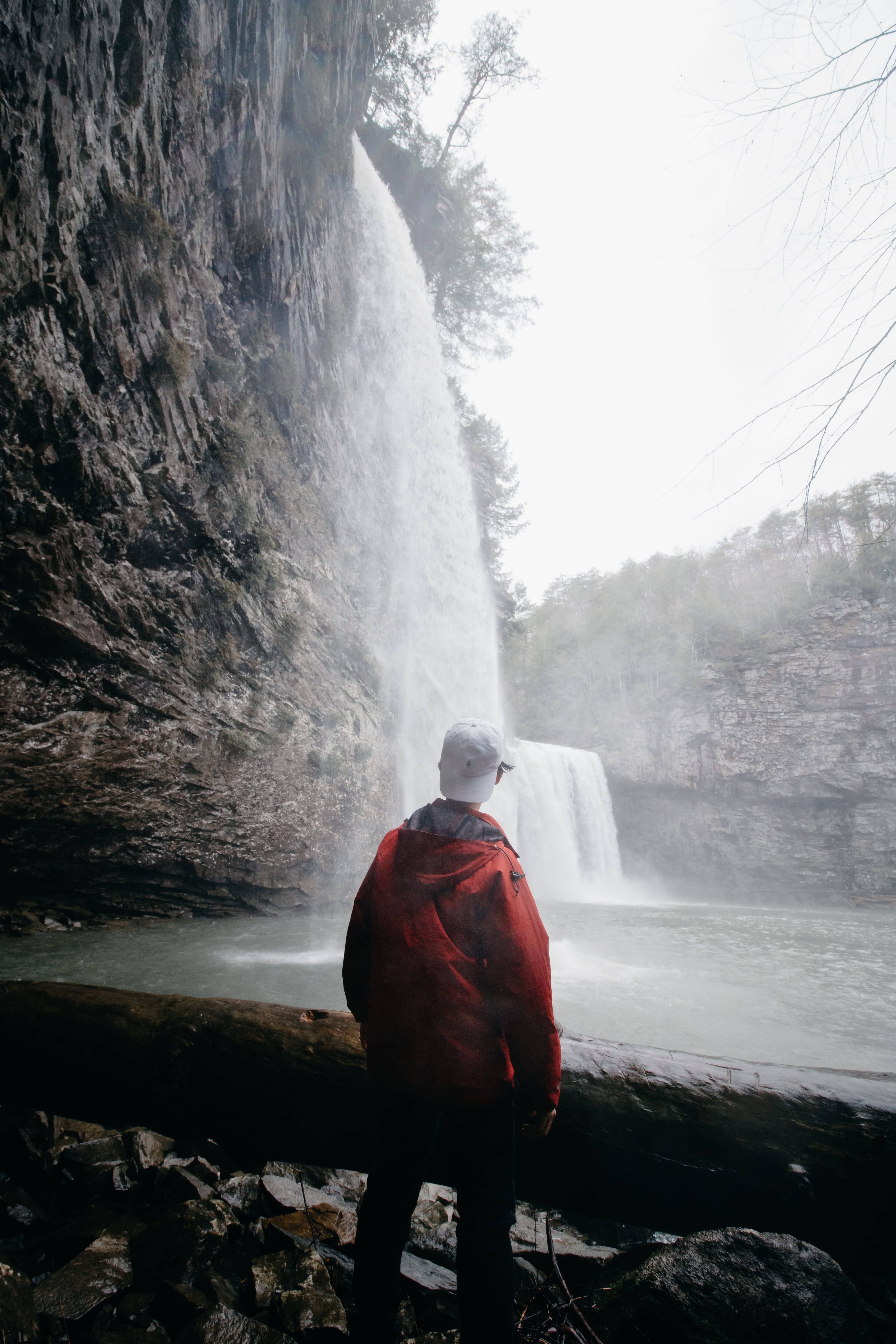real people, standing, motion, flowing, raincoat, front, waterfalls, long exposure, one person, 5K, lifestyles, nature, looking at view, leisure activity, Phone HD Wallpaper