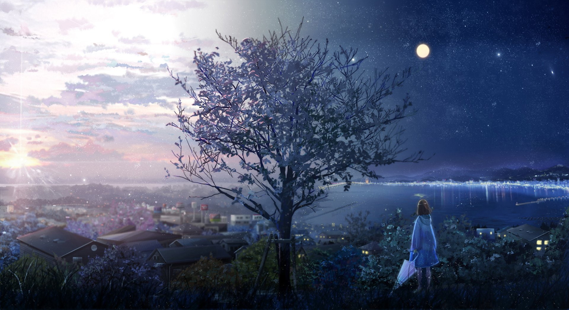 Umbrella, Tree, Girl, Building, Cloud, Sunbeam, Sunrise, Anime, Raincoat, 1080P, Moon, Water, Original, Sky, HD Wallpaper