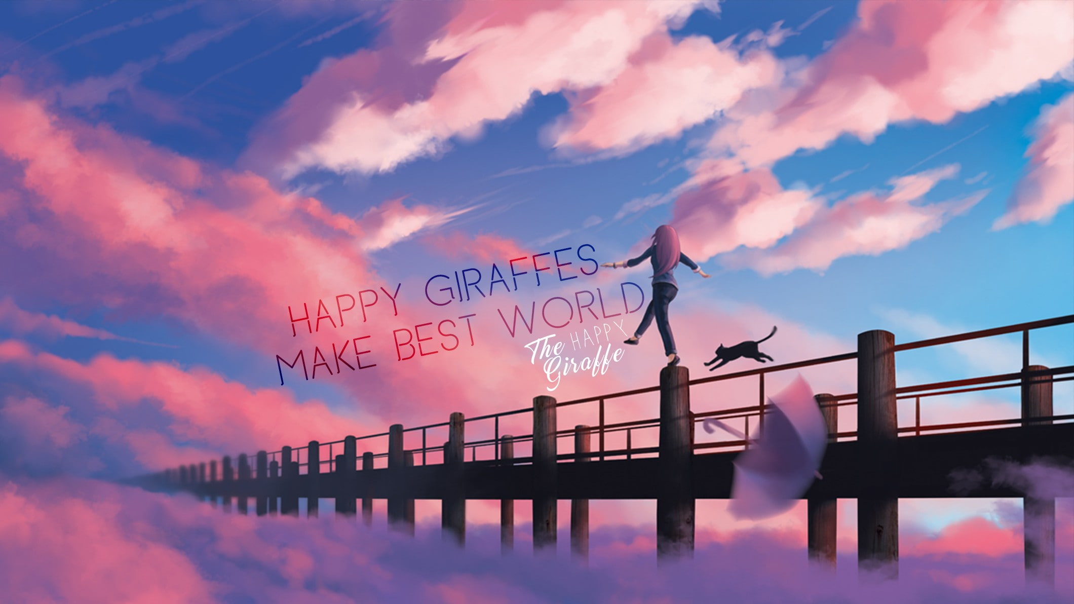 music, 1080P, cat, sky, clouds, pink, blue, anime, umbrella, giraffes, anime girls, HD Wallpaper