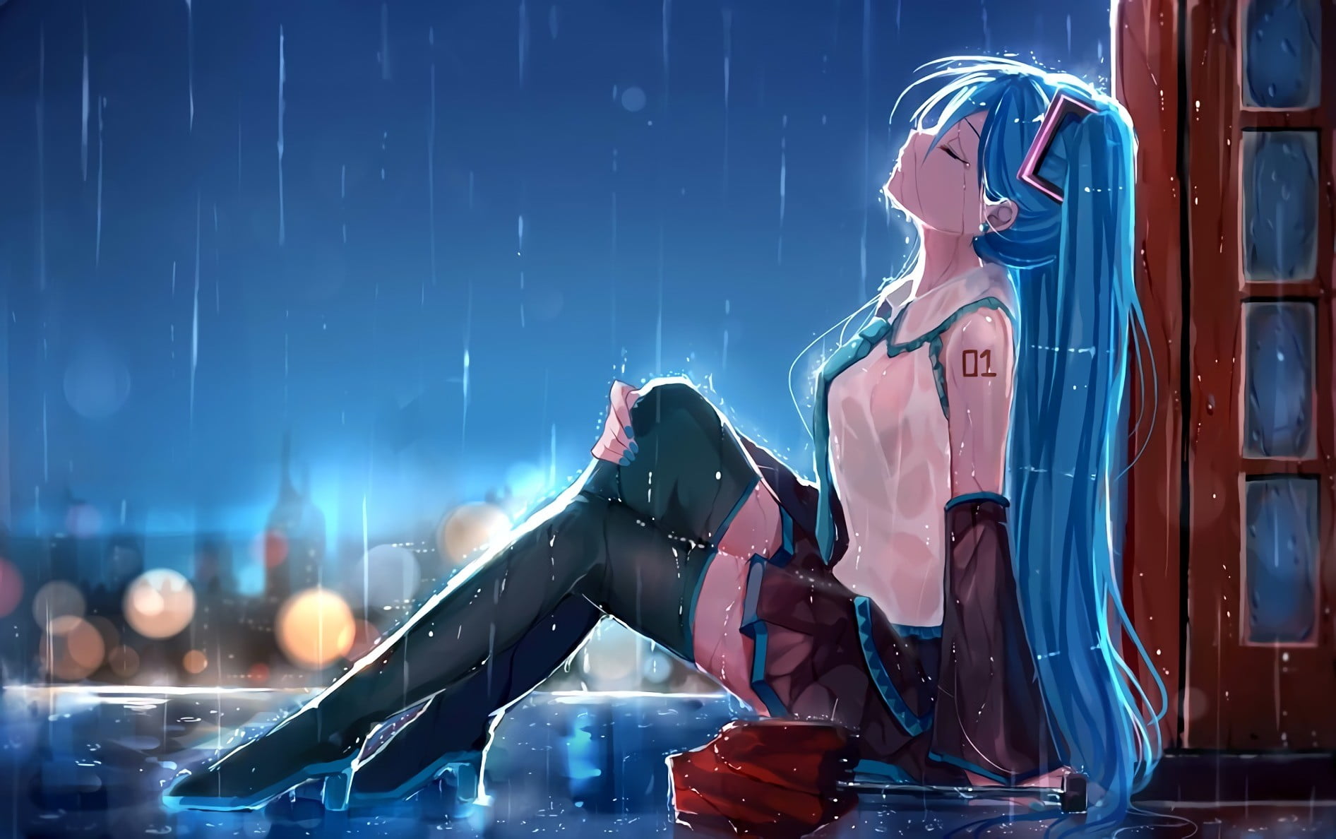 occupation, built structure, long hair, night, twintails, women, rain, stage, sitting, adult, nature, blue, anime, real people, side view, stage - performance space, HD Wallpaper