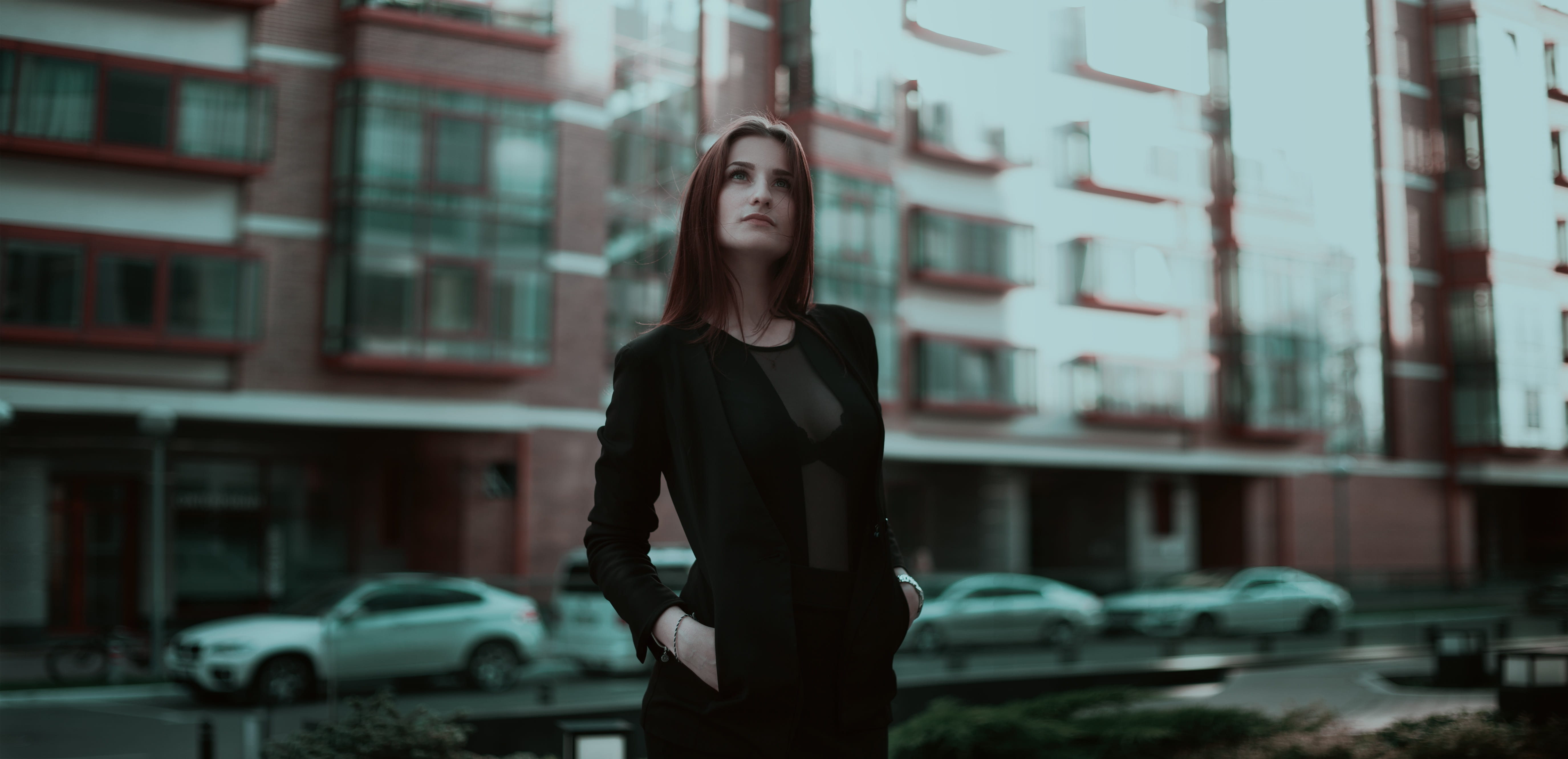 daytime, beautiful, front view, sleeved, beautiful woman, pants, work, architecture, three quarter length, one person, standing, building exterior, 5K, HD Wallpaper