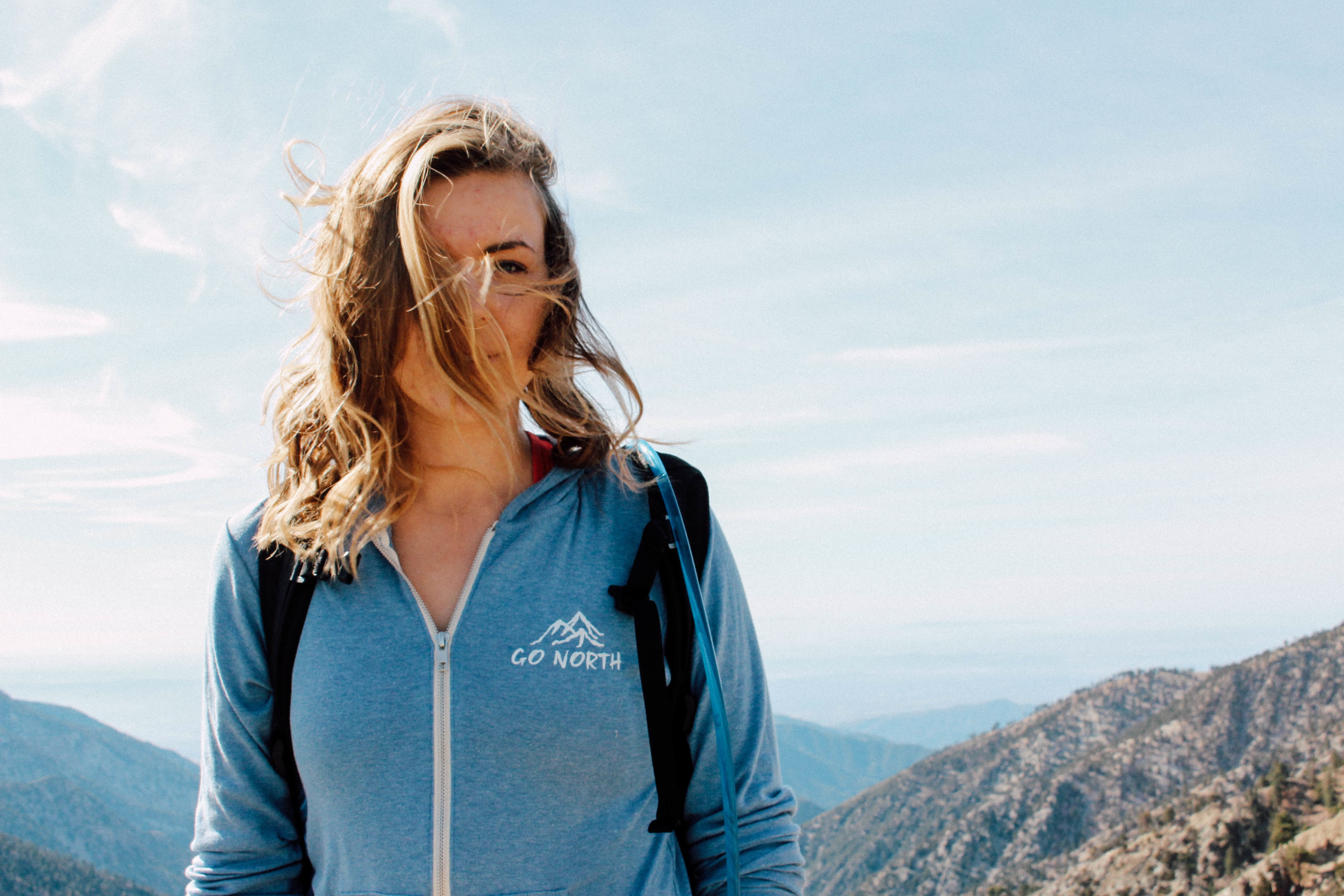 blue, adult, only women, holiday, vacations, adults only, hair, wearing, zip, one woman only, day, portrait, highland, one person, looking, hoodie, nature, HD Wallpaper