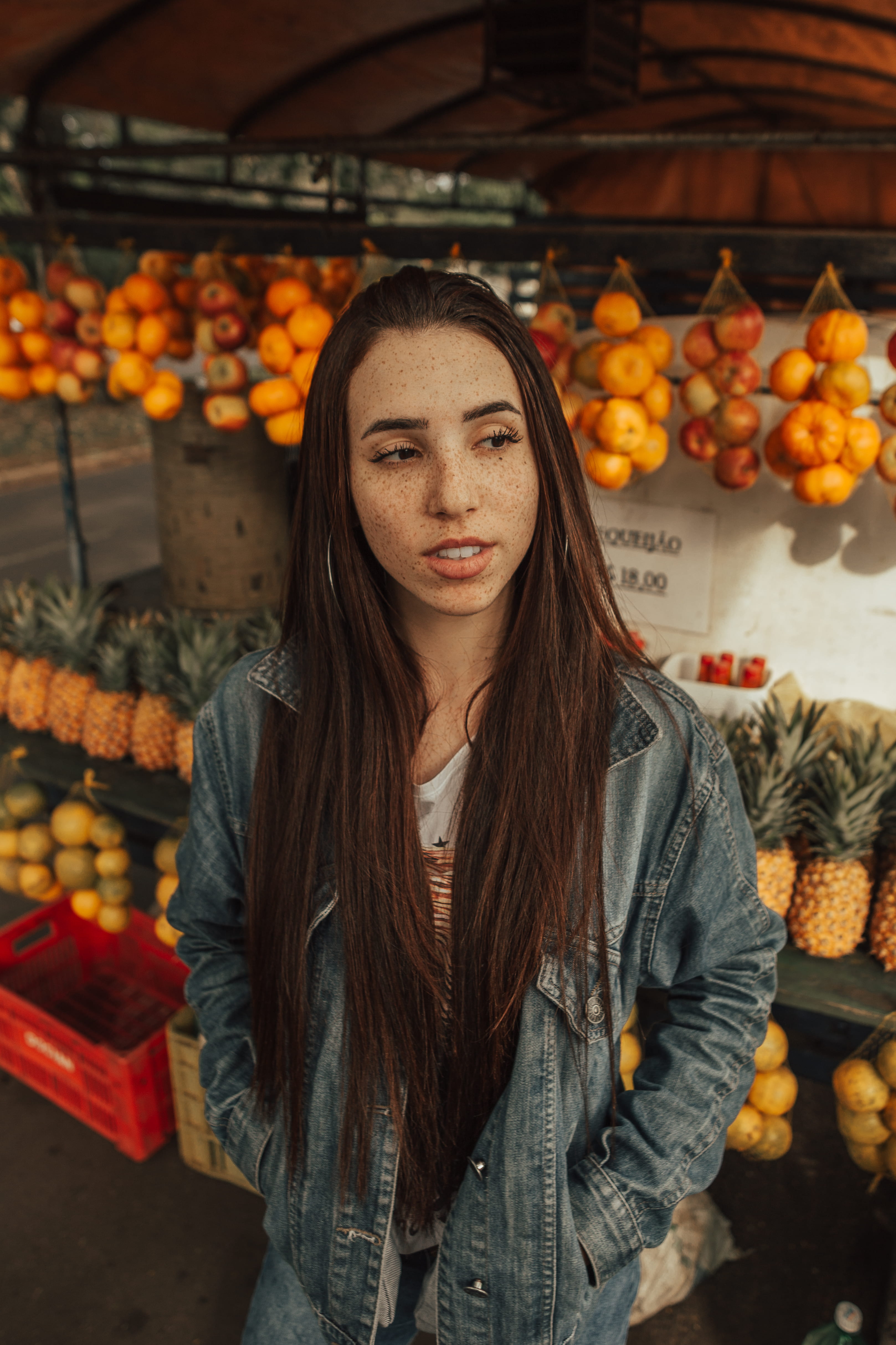 freckle, blue, jacket, fruit, denim, color, girl, daytime, pumpkin, long hair, front view, lady, stall, store, food, looking at camera, woman, hair, fashion, Phone HD Wallpaper