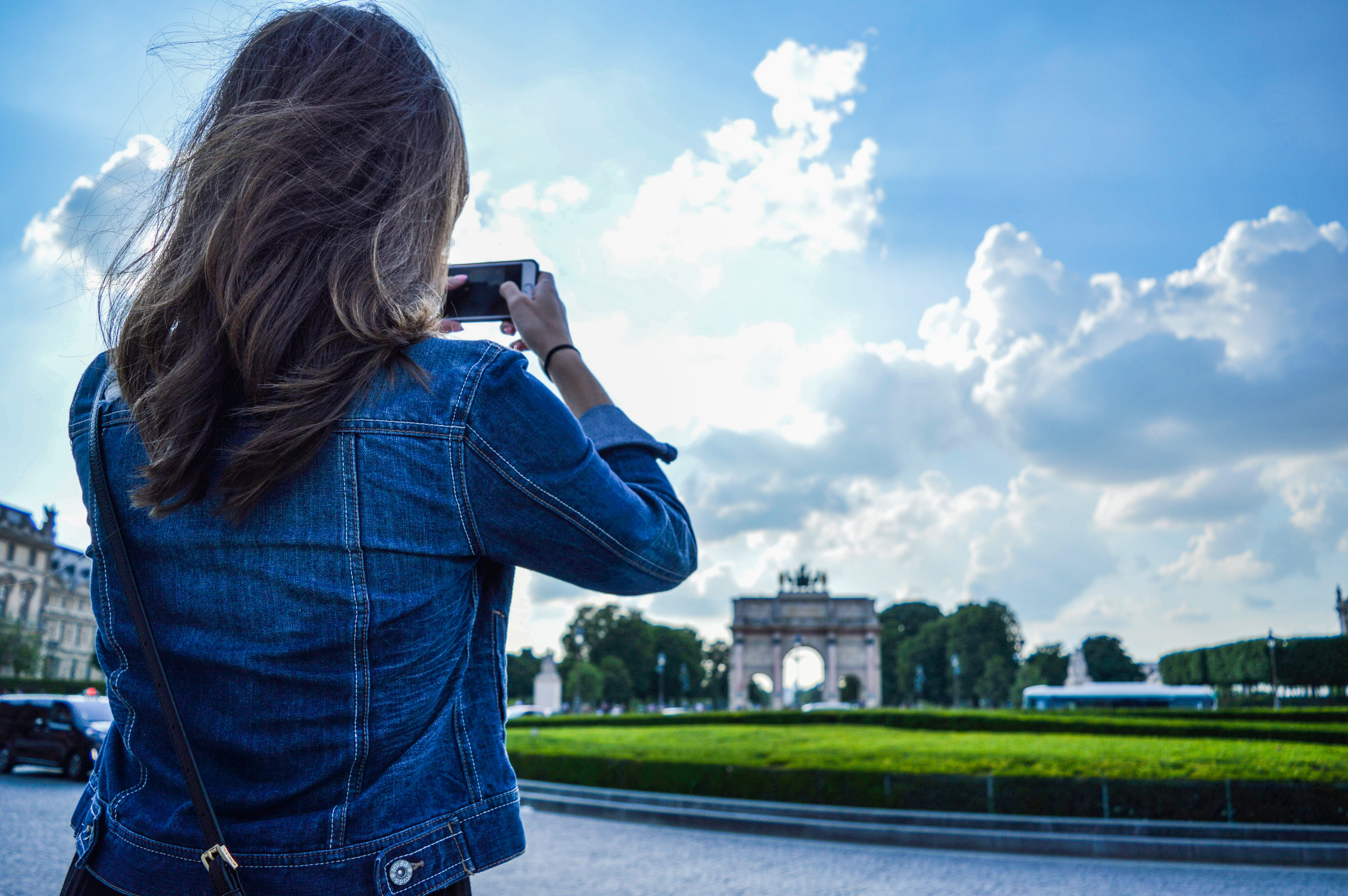 rear view, wireless technology, architecture, leisure, day, jacket, smartphone, digital camera, sky, photographer, standing, 5K, city, activity, back view, HD Wallpaper